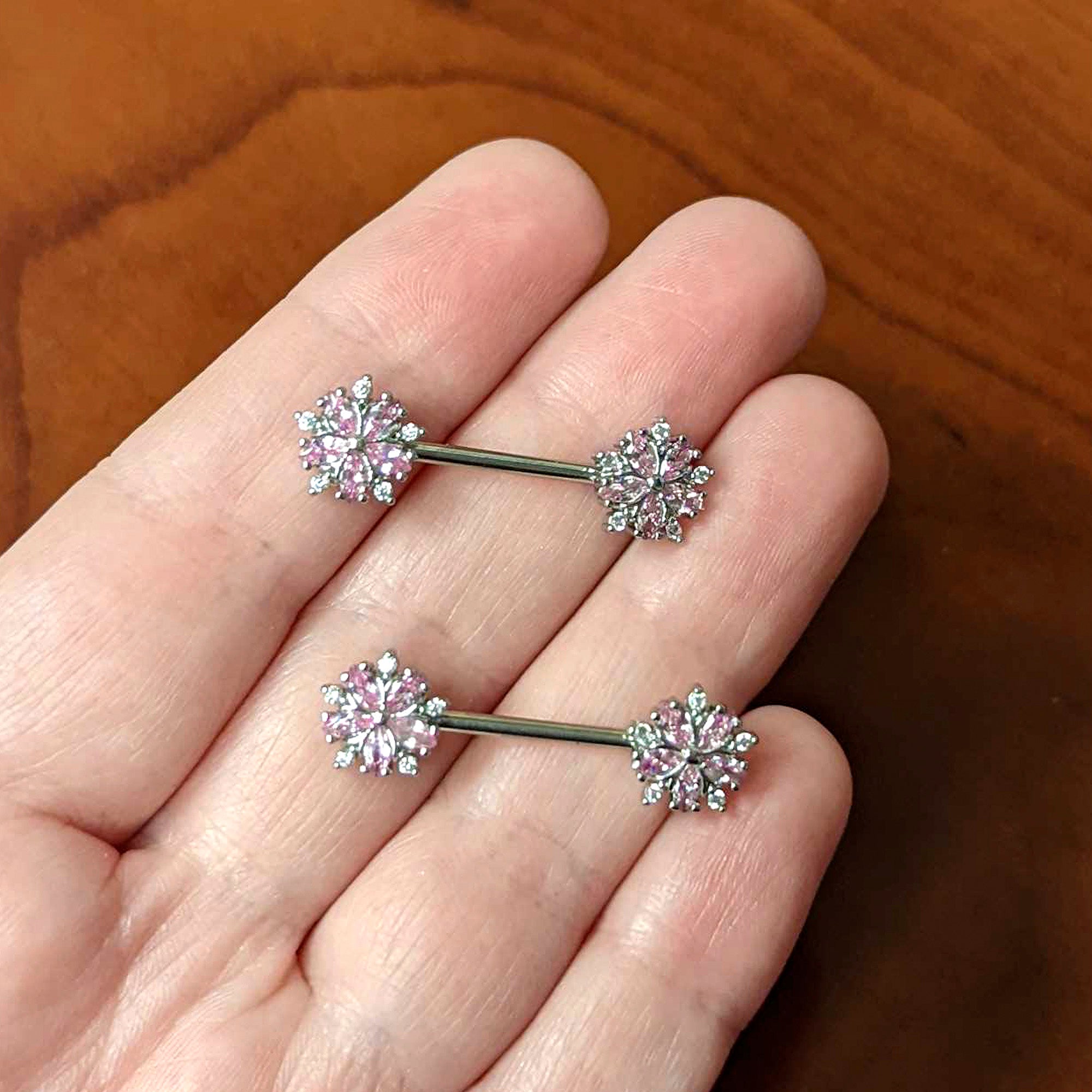 14 Gauge 9/16 Pink CZ Gem Floral Burst Barbell Nipple Ring Set