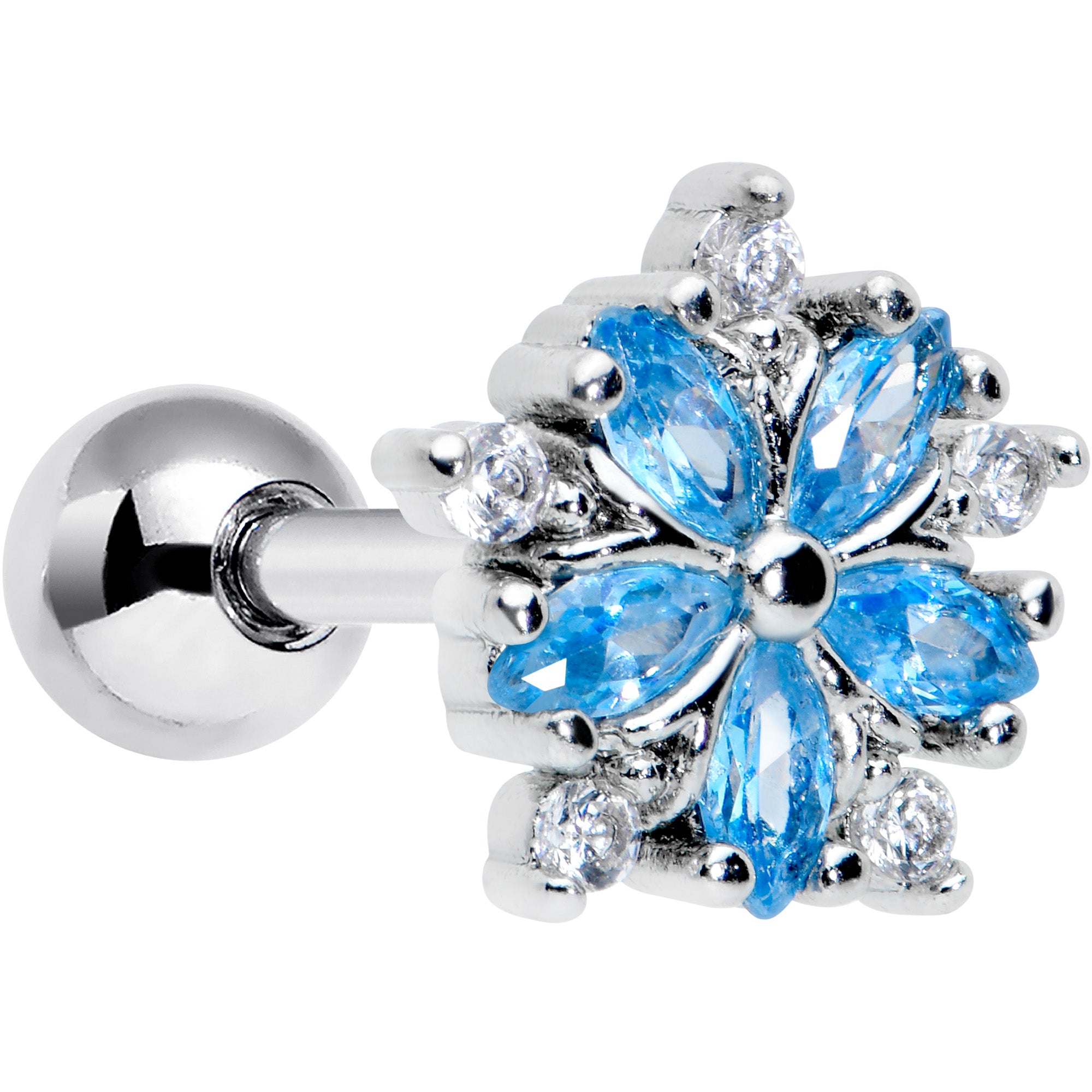 16 Gauge 1/4 Blue CZ Gem Floral Burst Cartilage Tragus Earring