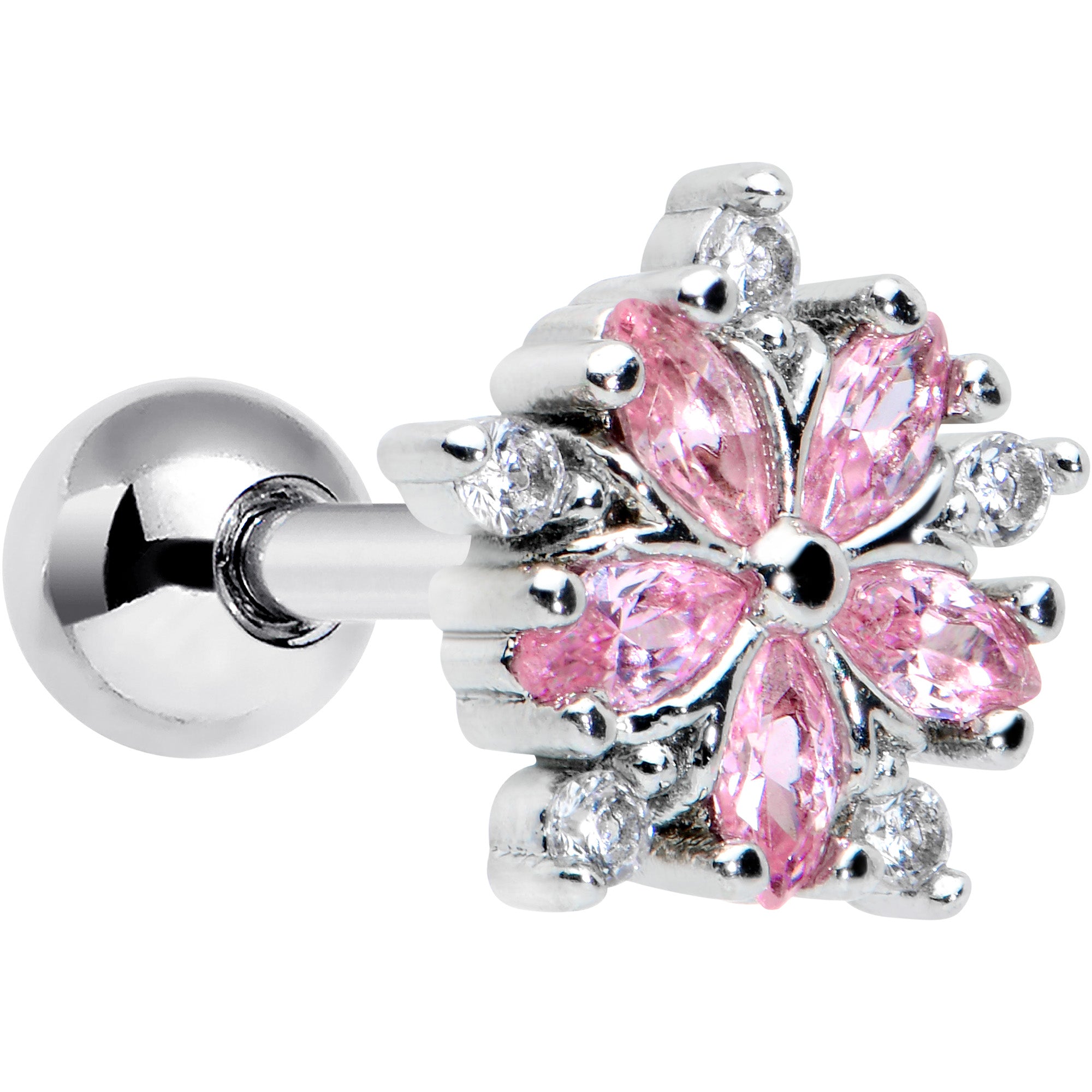 16 Gauge 1/4 Pink CZ Gem Floral Burst Cartilage Tragus Earring