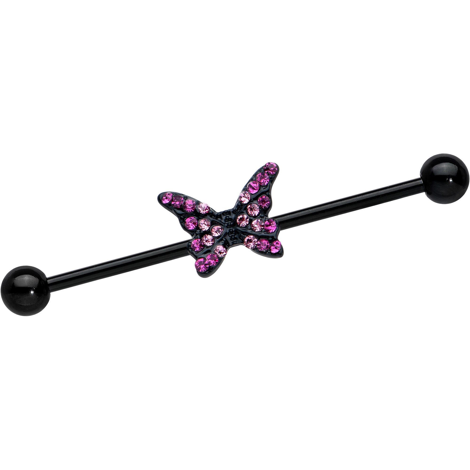 14 Gauge Pink Gem Black Midnight Butterfly Industrial Barbell 38mm