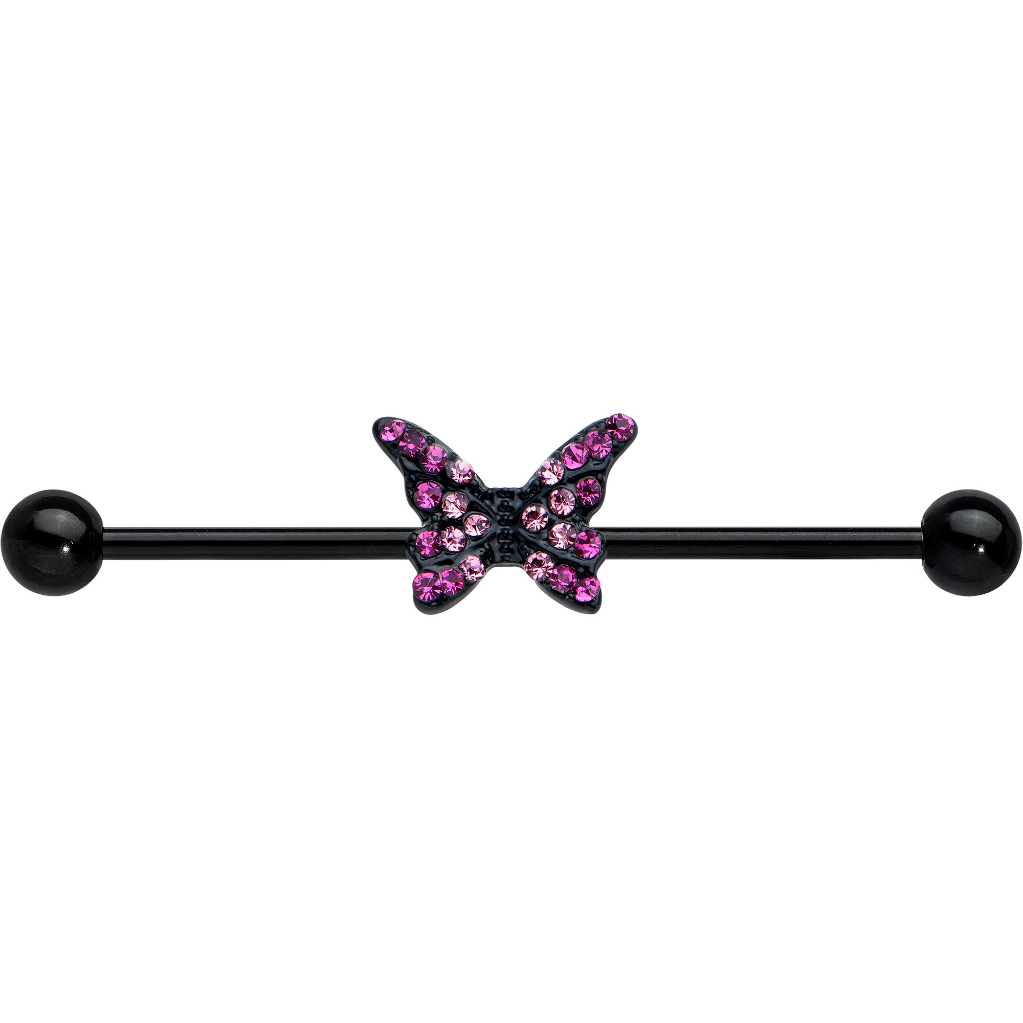 14 Gauge Pink Gem Black Midnight Butterfly Industrial Barbell 38mm