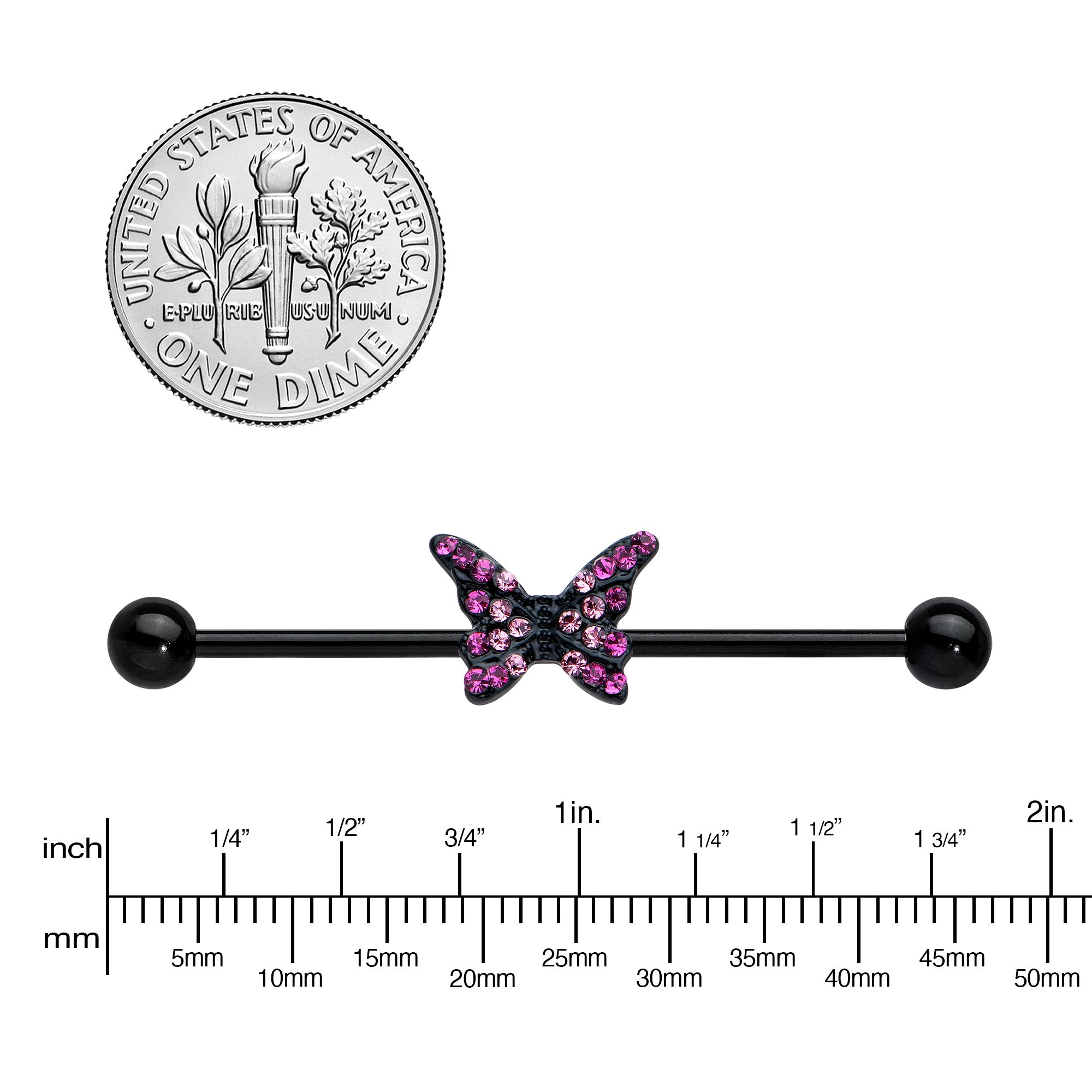 14 Gauge Pink Gem Black Midnight Butterfly Industrial Barbell 38mm