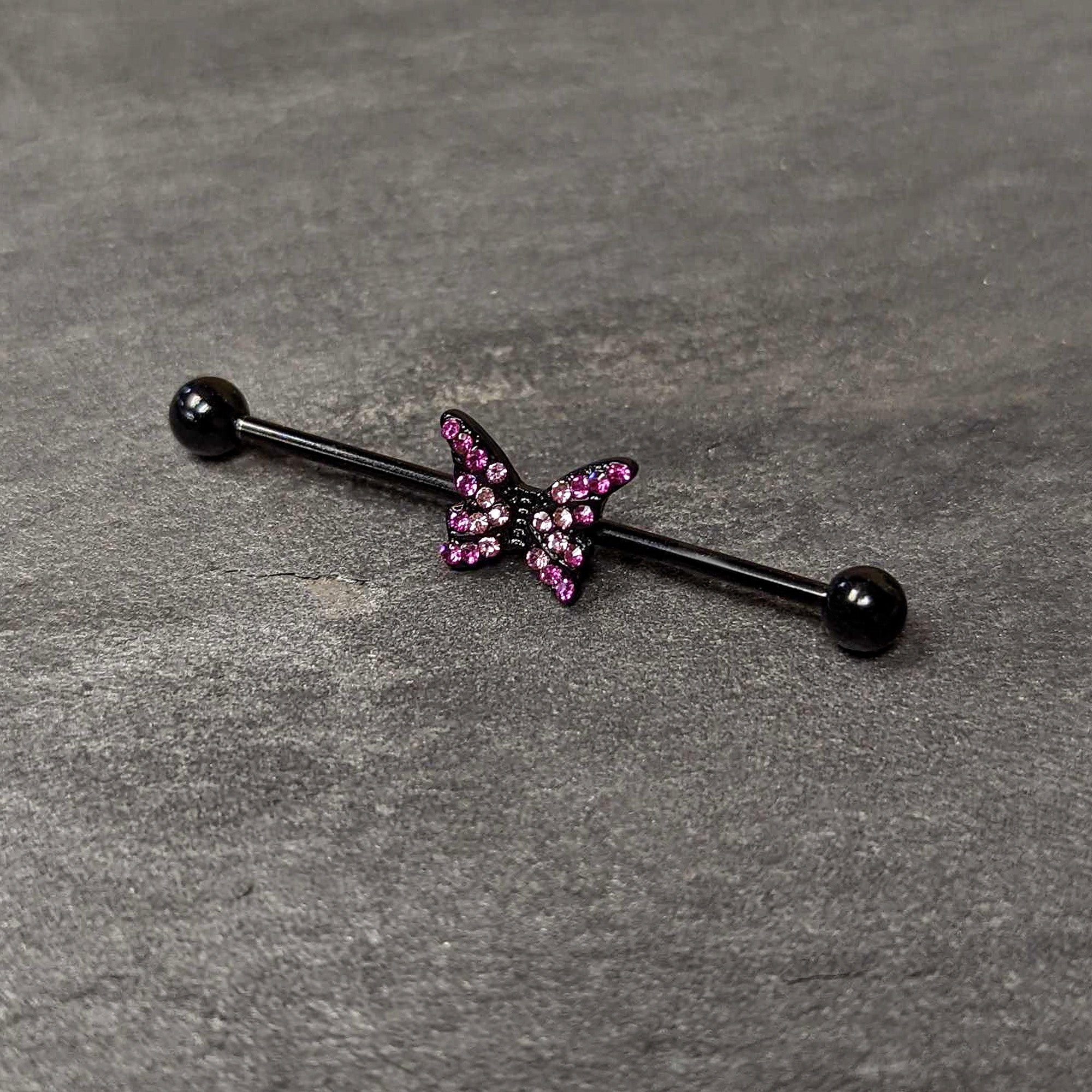 14 Gauge Pink Gem Black Midnight Butterfly Industrial Barbell 38mm