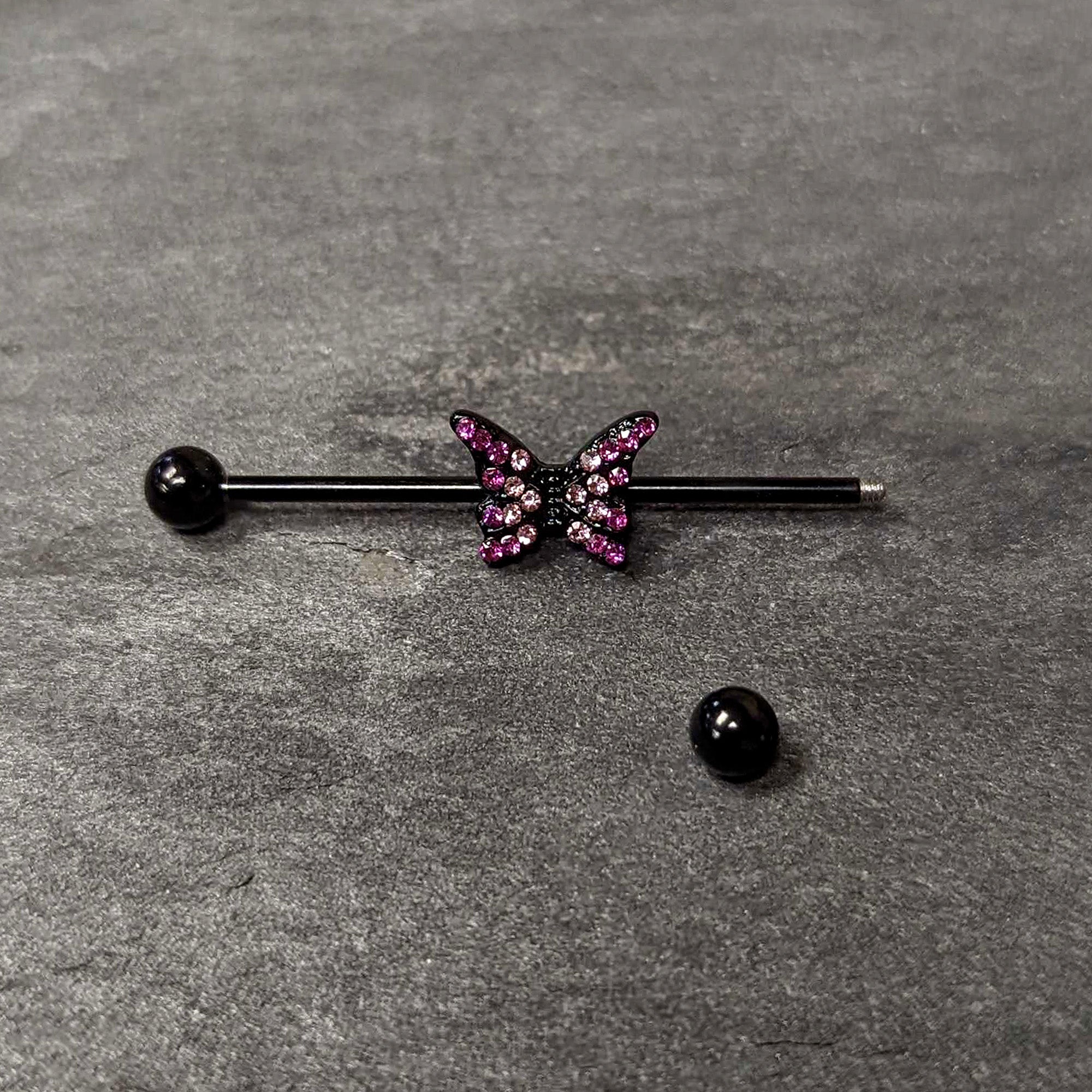 14 Gauge Pink Gem Black Midnight Butterfly Industrial Barbell 38mm