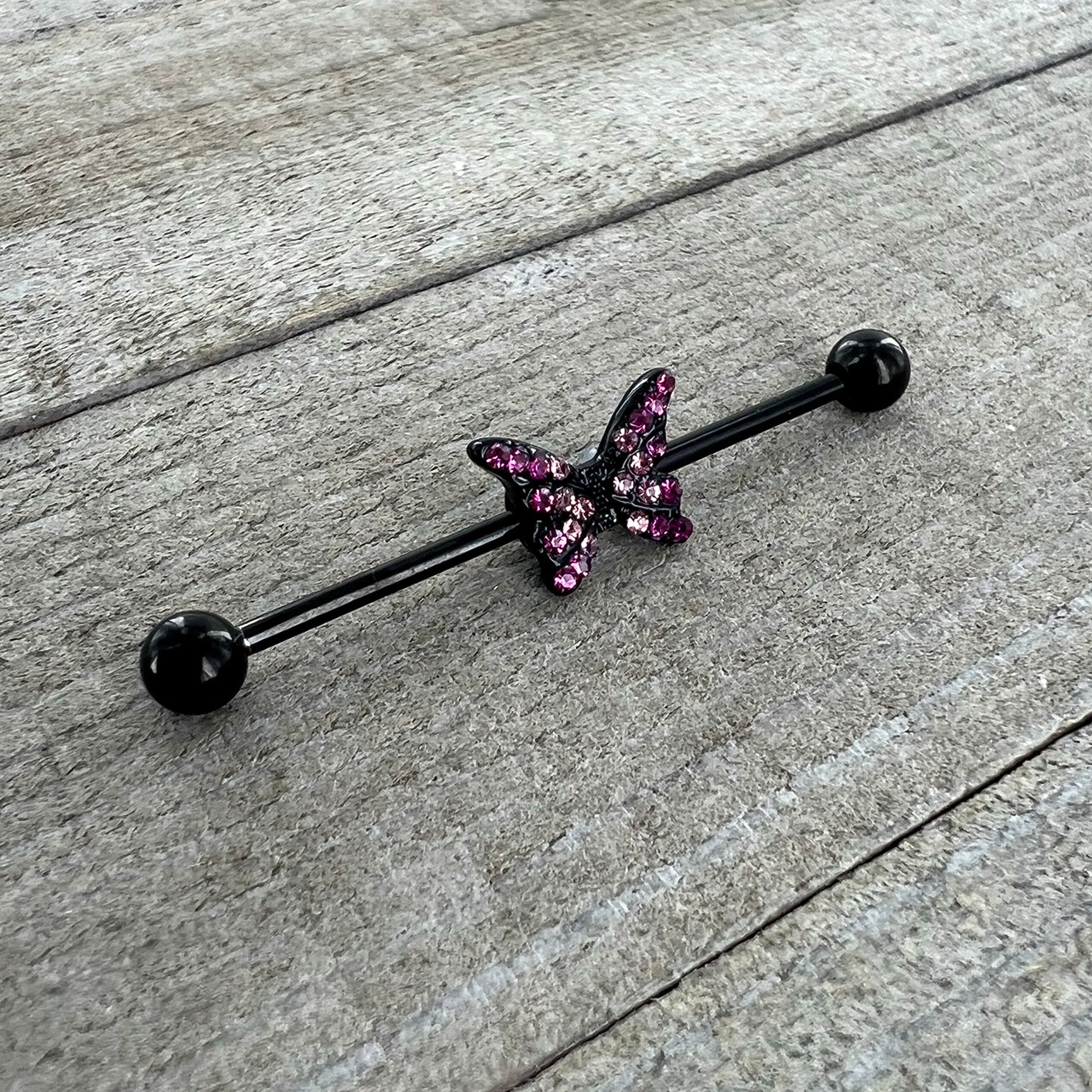 14 Gauge Pink Gem Black Midnight Butterfly Industrial Barbell 38mm