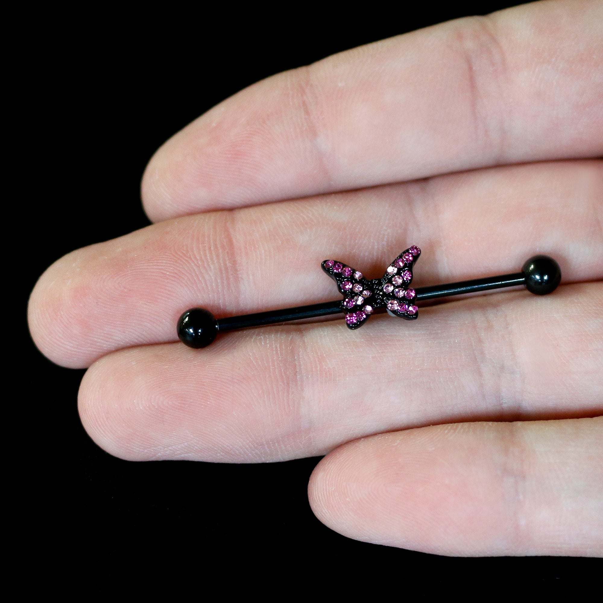 14 Gauge Pink Gem Black Midnight Butterfly Industrial Barbell 38mm