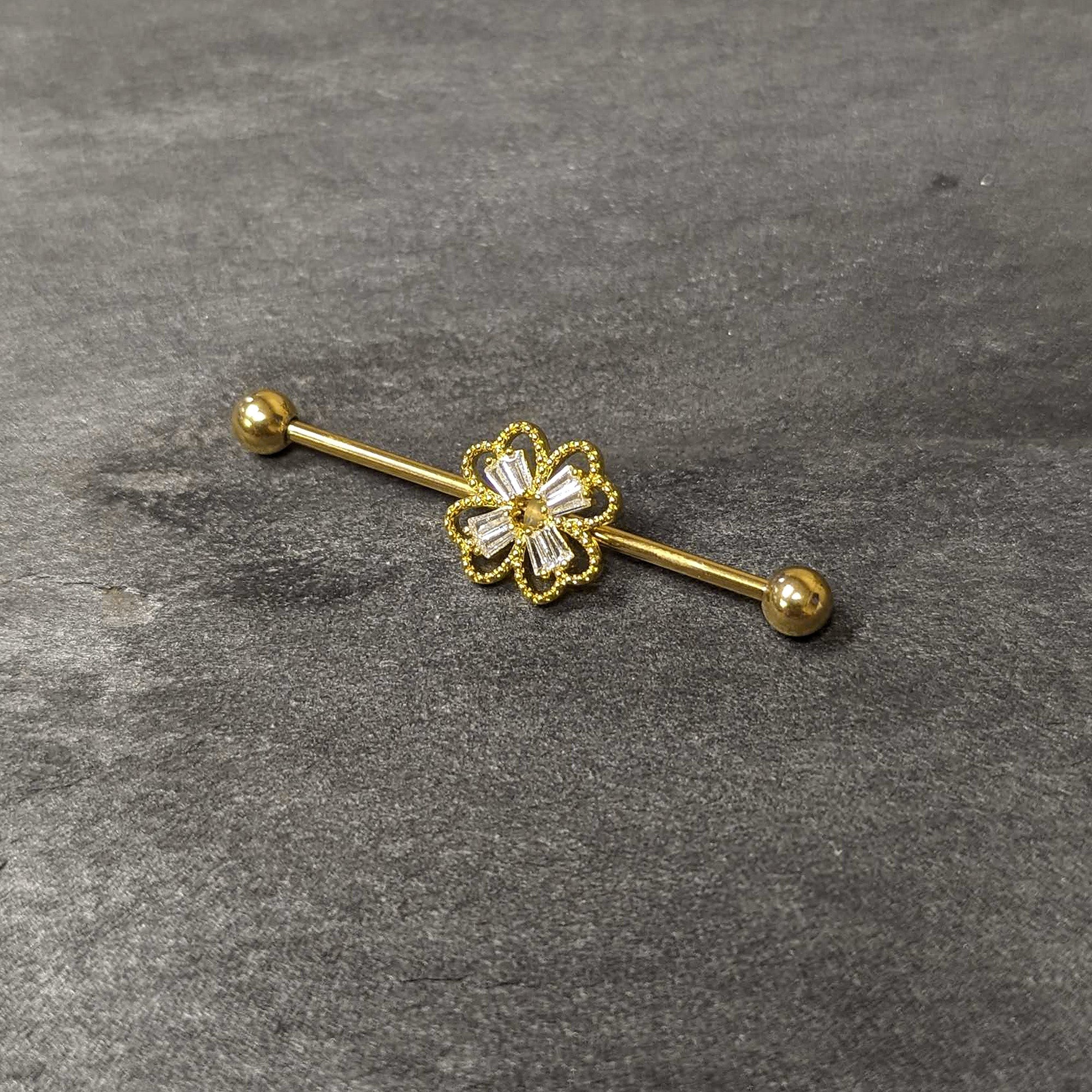 14 Gauge Clear Gem Gold Tone Textured Cross Industrial Barbell 38mm