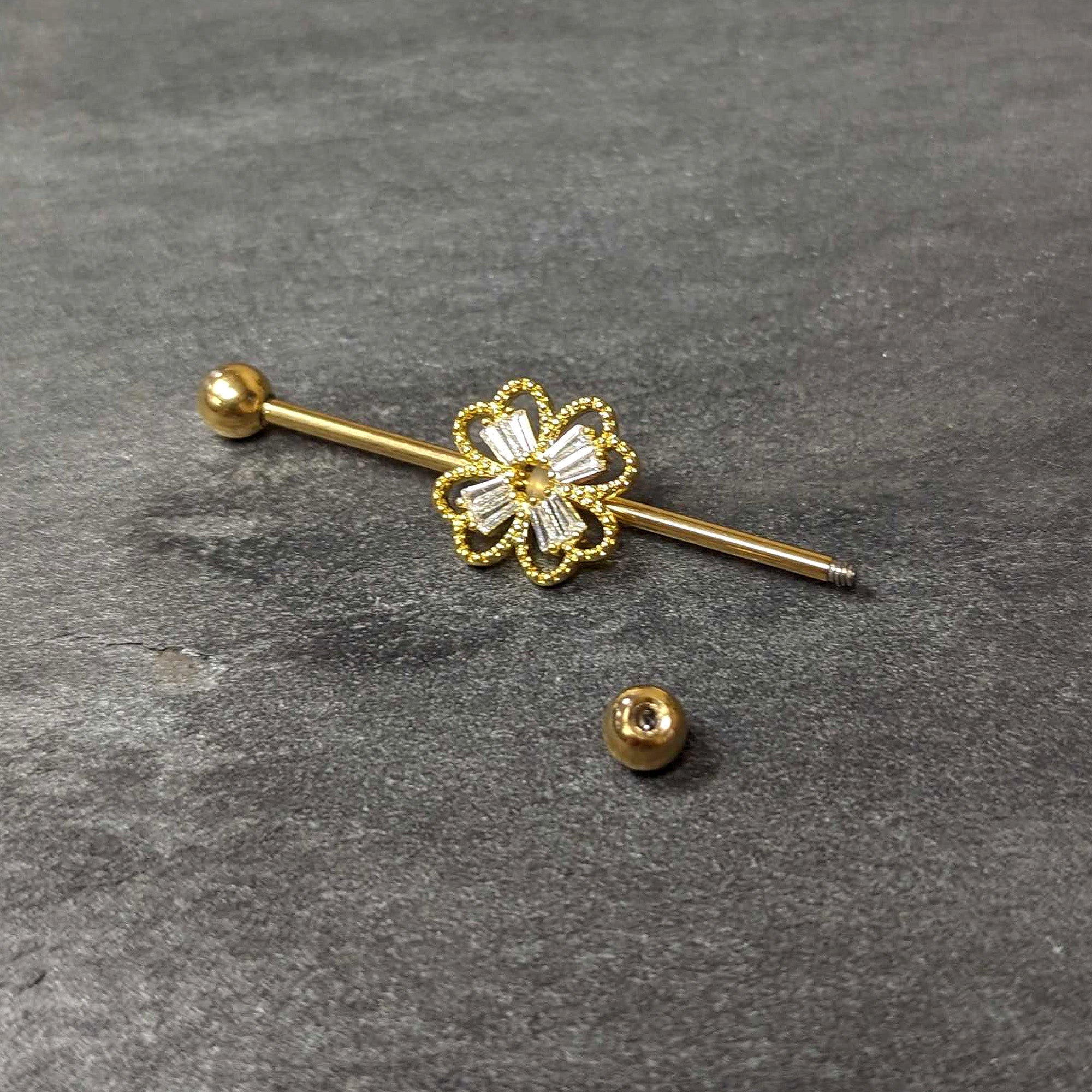 14 Gauge Clear Gem Gold Tone Textured Cross Industrial Barbell 38mm