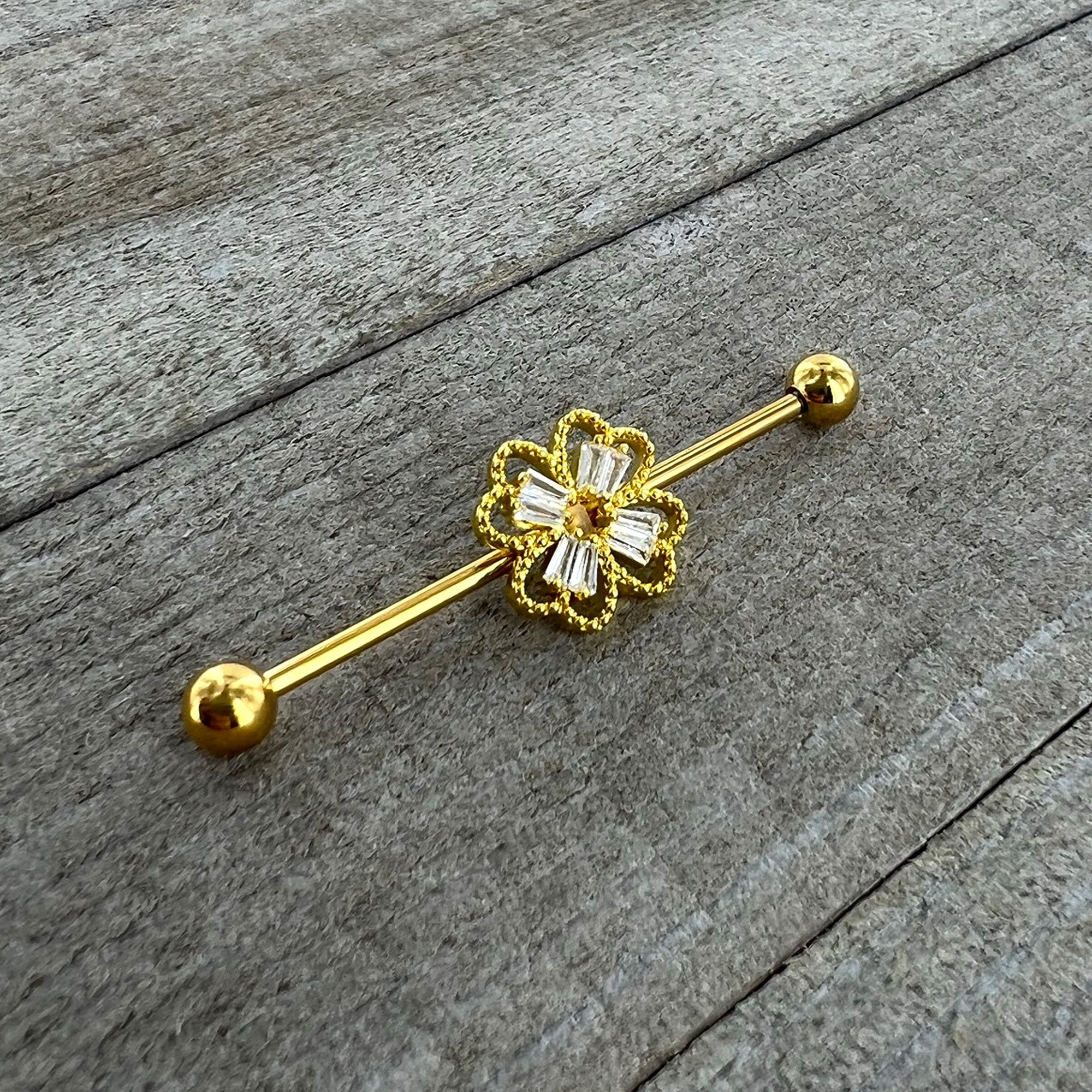 14 Gauge Clear Gem Gold Tone Textured Cross Industrial Barbell 38mm