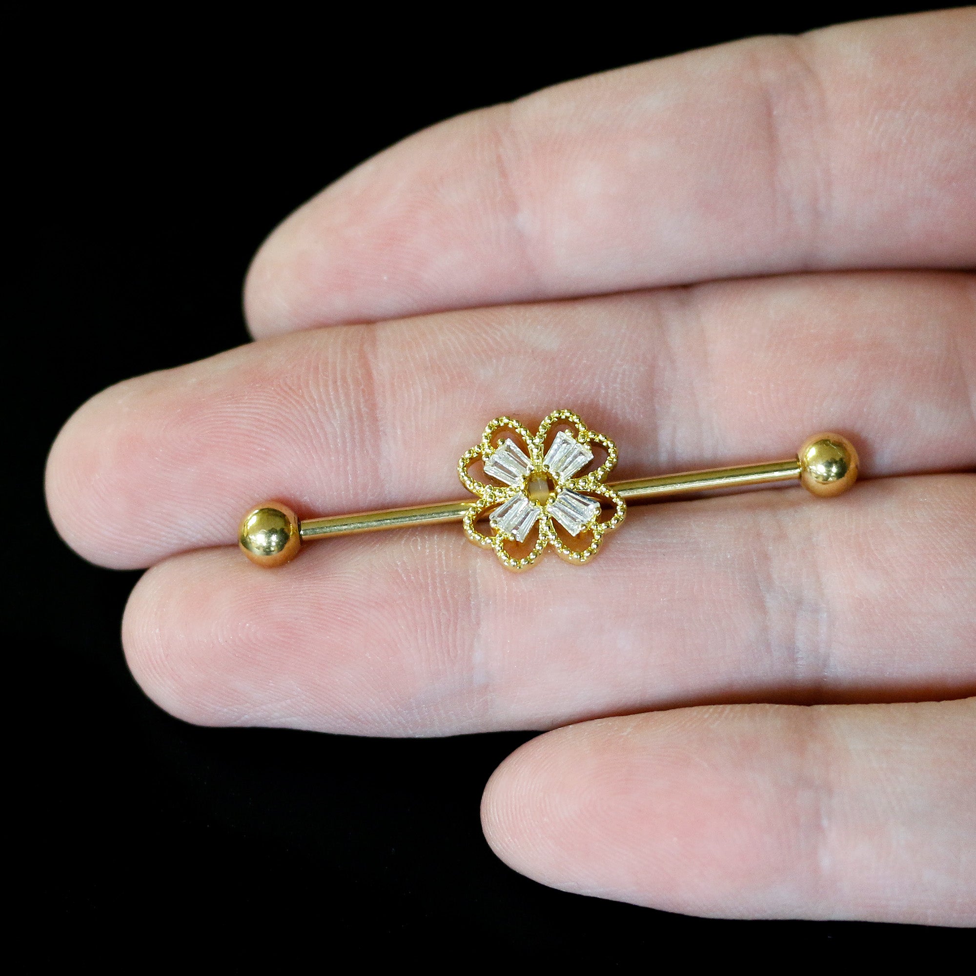 14 Gauge Clear Gem Gold Tone Textured Cross Industrial Barbell 38mm