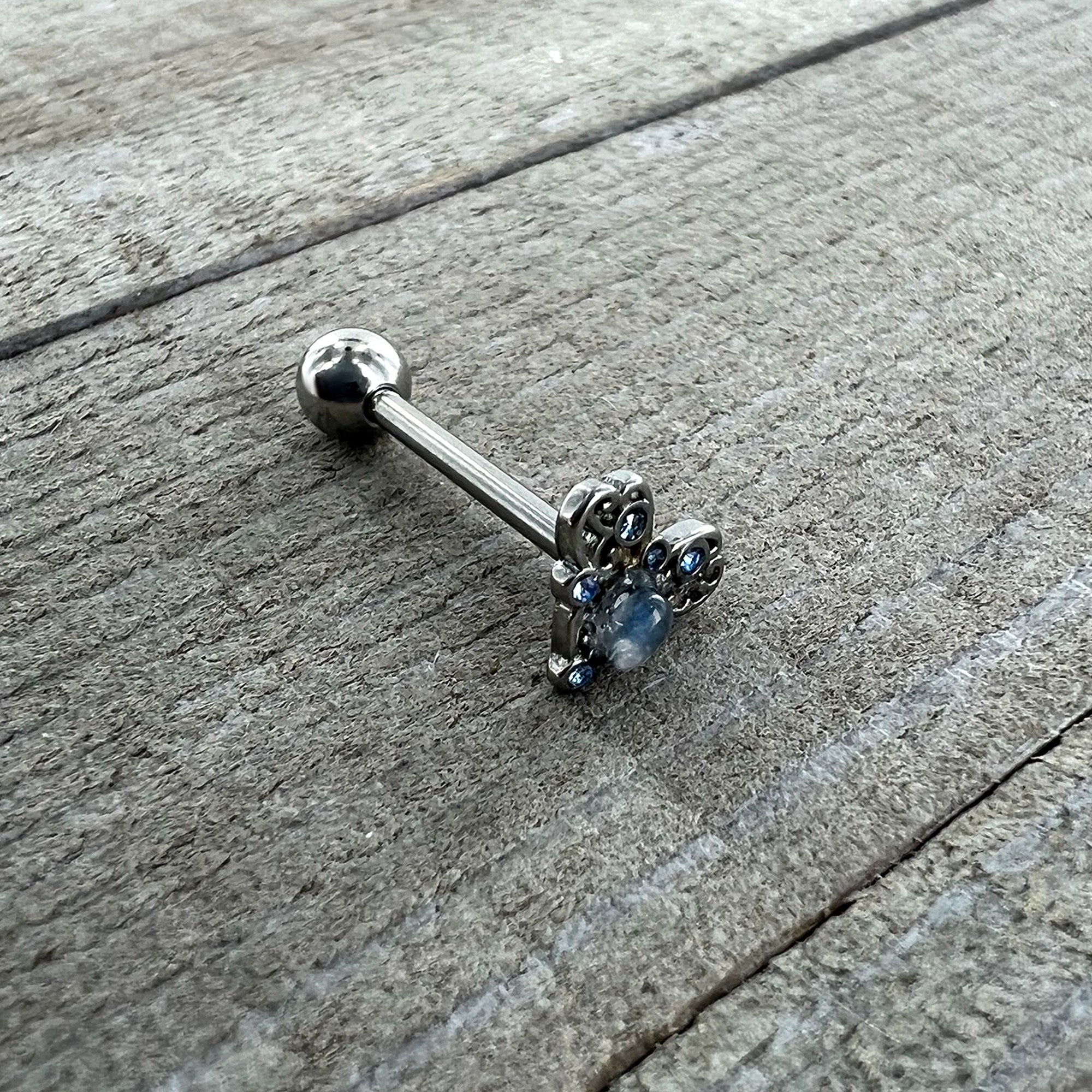 Blue Gem Twining Heart Mystic Orb Barbell Tongue Ring