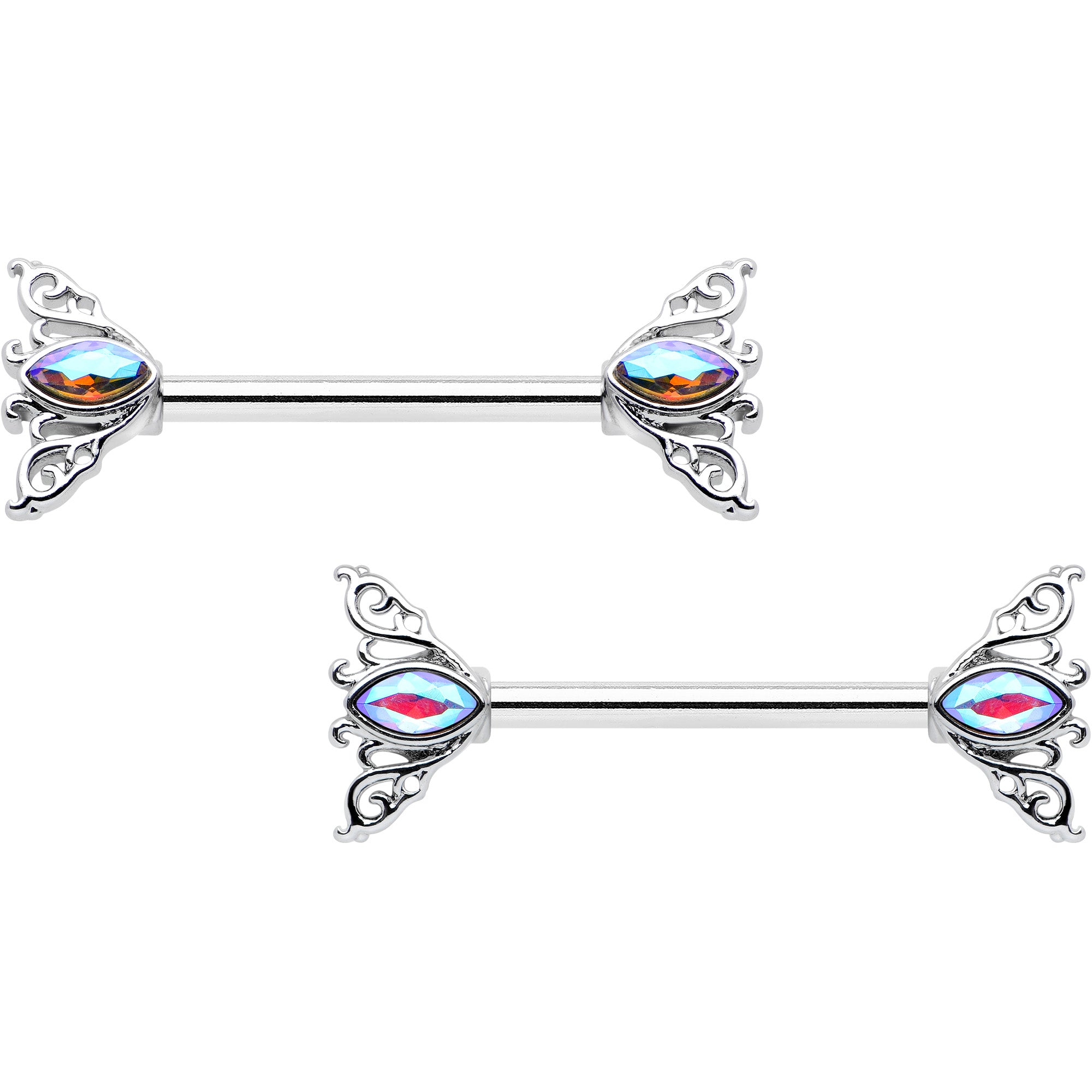 14 Gauge 9/16 Aurora Gem Deco Waves Barbell Nipple Ring Set