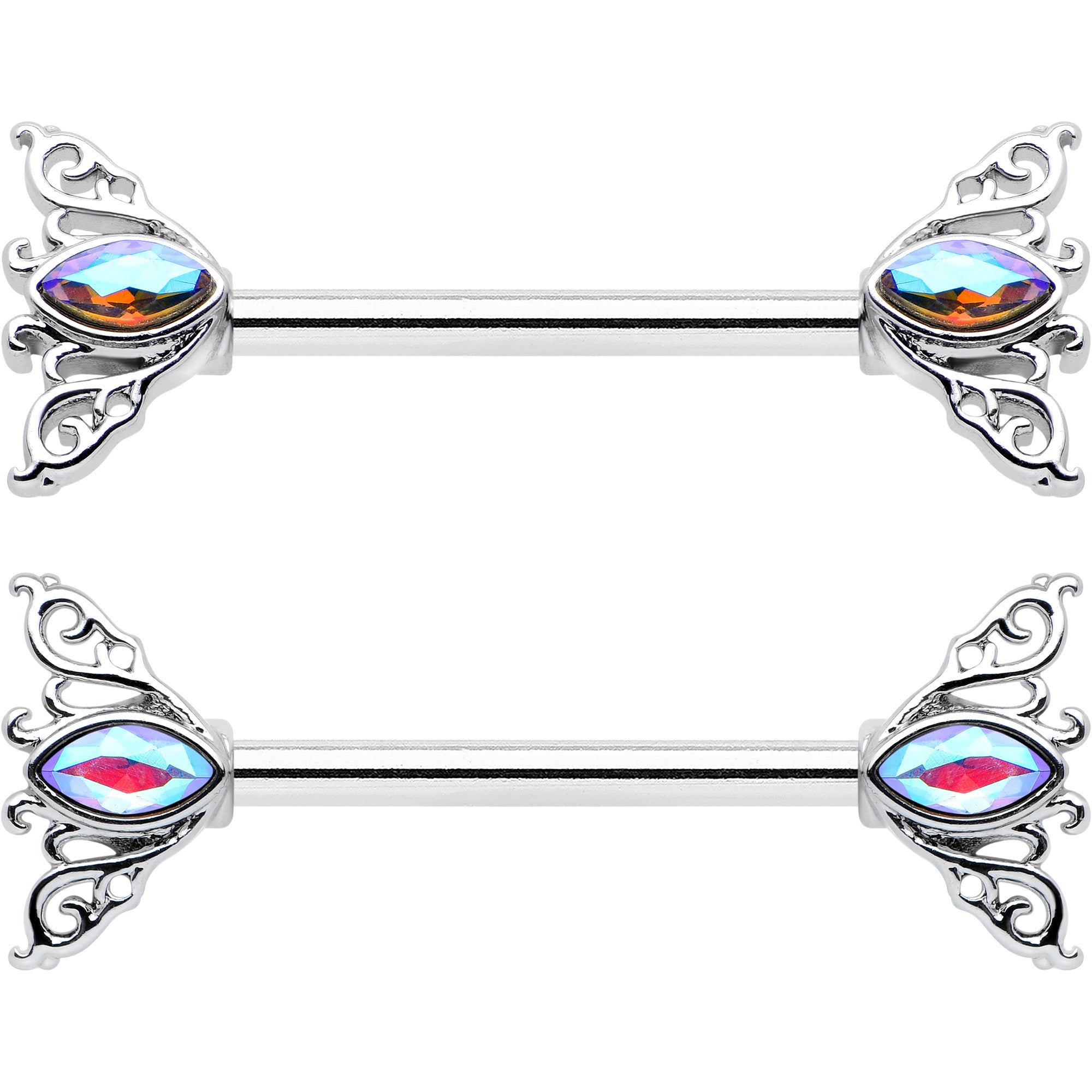 14 Gauge 9/16 Aurora Gem Deco Waves Barbell Nipple Ring Set