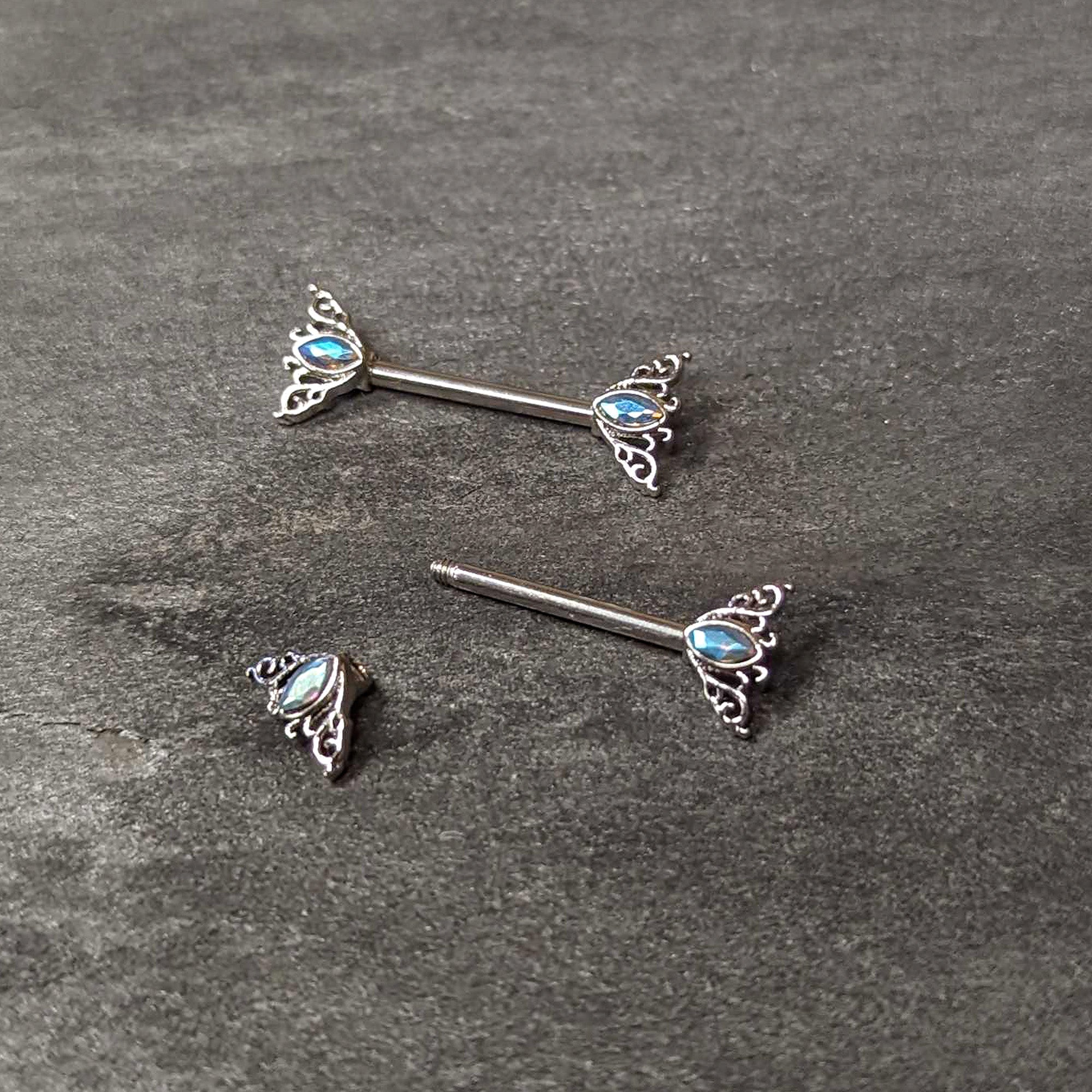 14 Gauge 9/16 Aurora Gem Deco Waves Barbell Nipple Ring Set