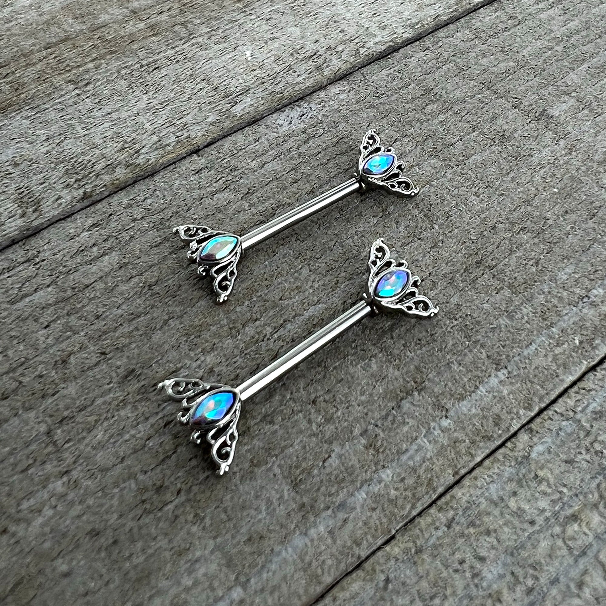 14 Gauge 9/16 Aurora Gem Deco Waves Barbell Nipple Ring Set