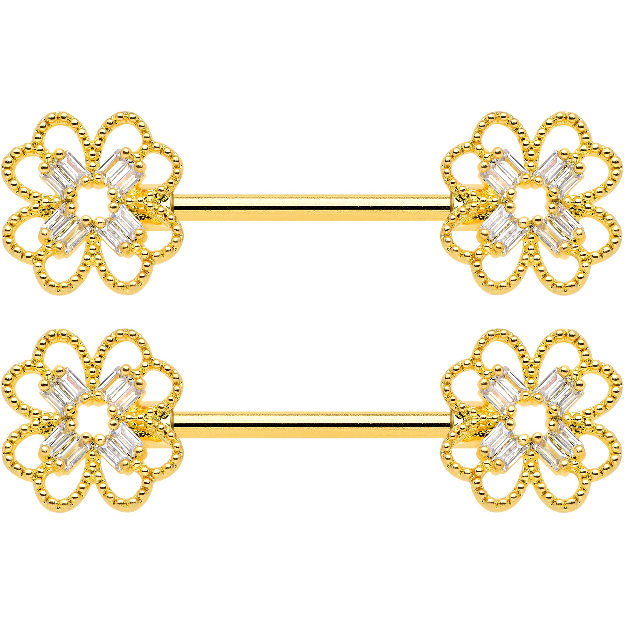 14 Gauge 5/8 Clear Gem Gold Tone Texture Cross Barbell Nipple Ring Set