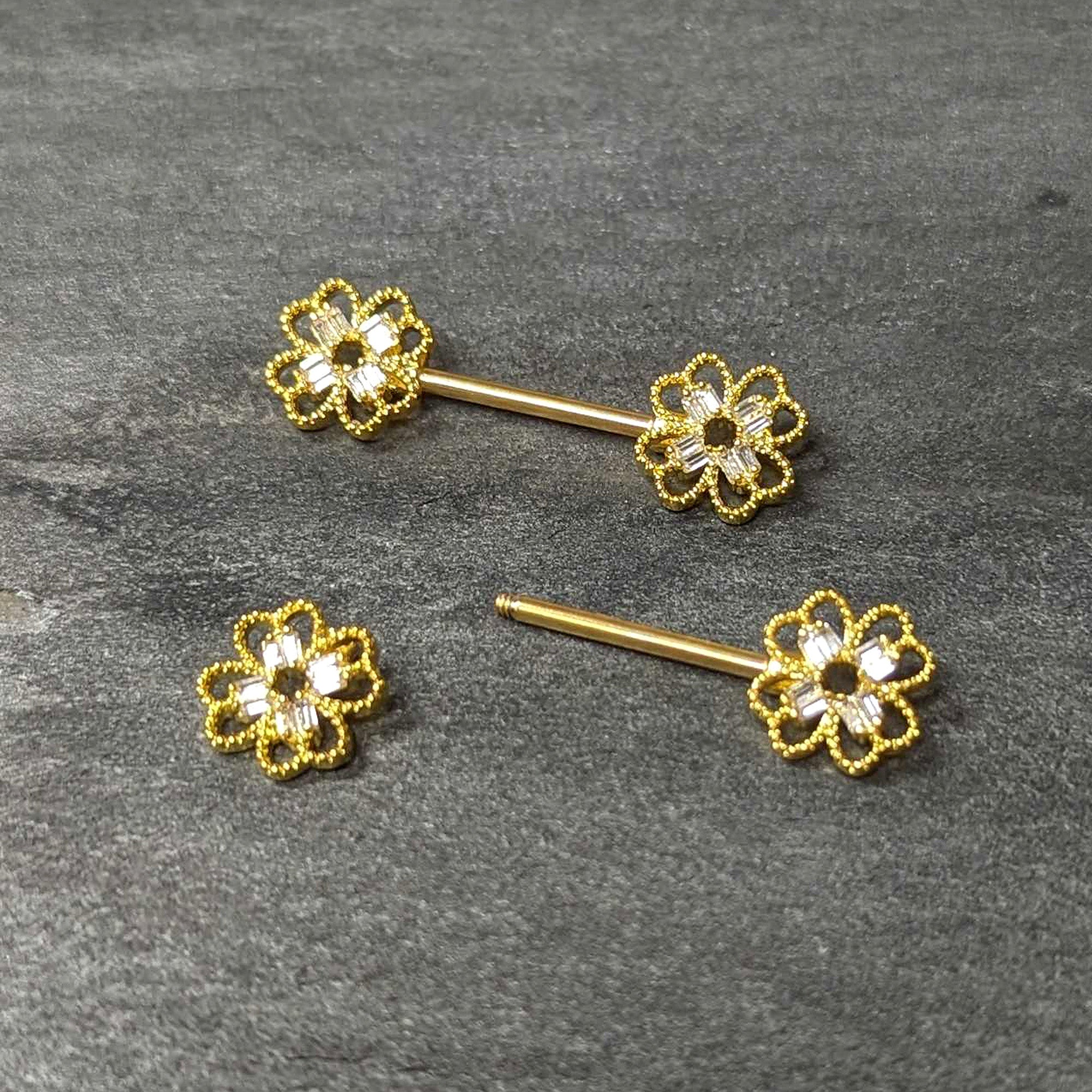 14 Gauge 5/8 Clear Gem Gold Tone Texture Cross Barbell Nipple Ring Set