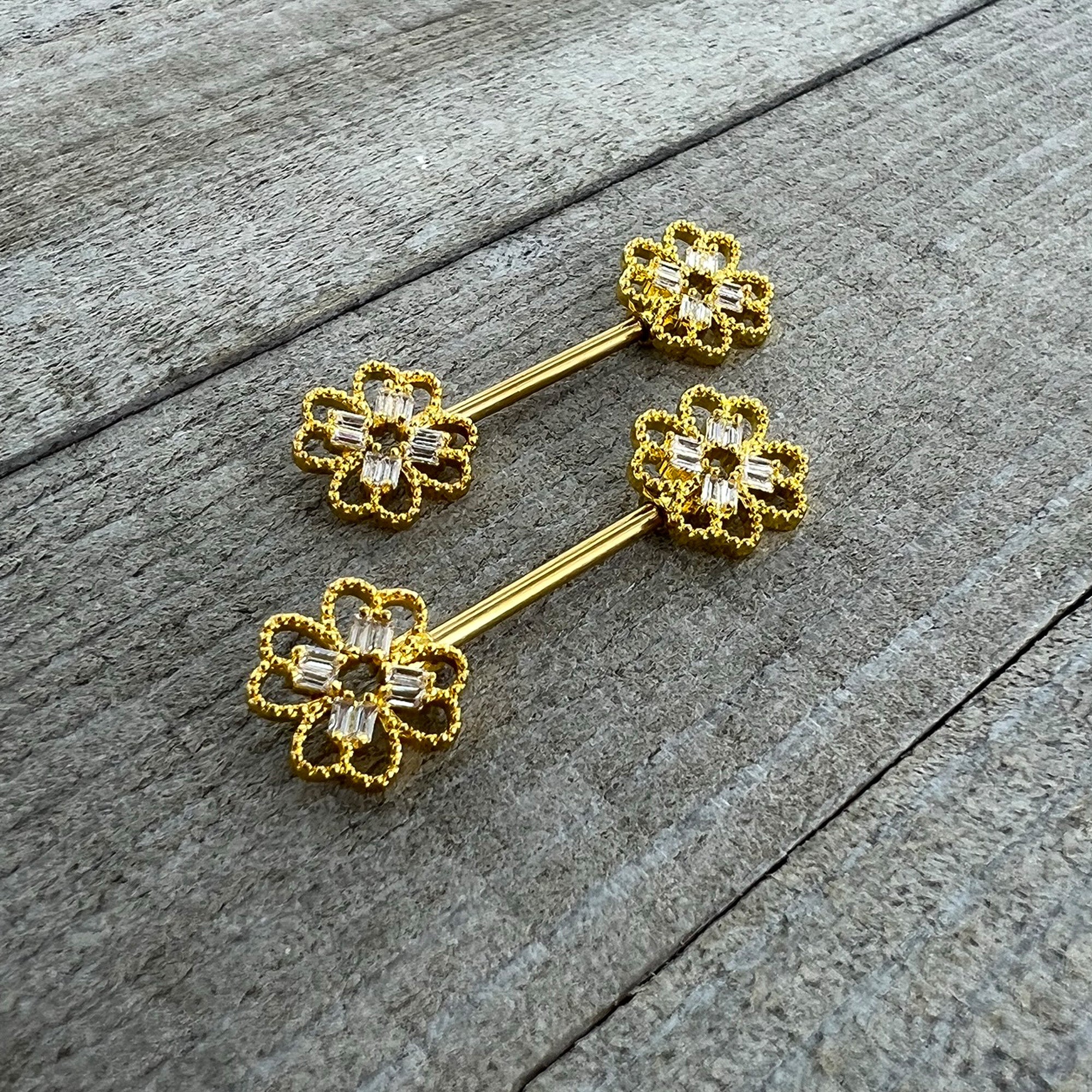 14 Gauge 5/8 Clear Gem Gold Tone Texture Cross Barbell Nipple Ring Set