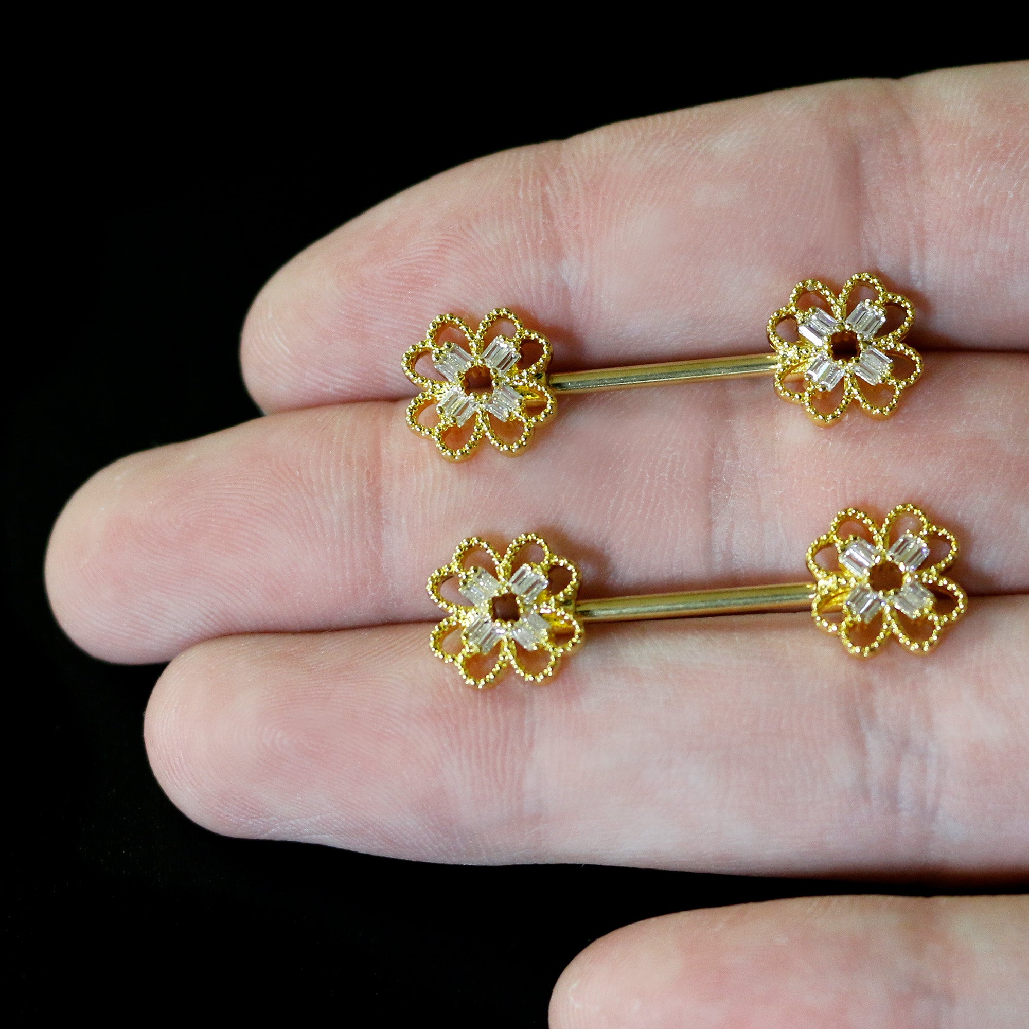 14 Gauge 5/8 Clear Gem Gold Tone Texture Cross Barbell Nipple Ring Set