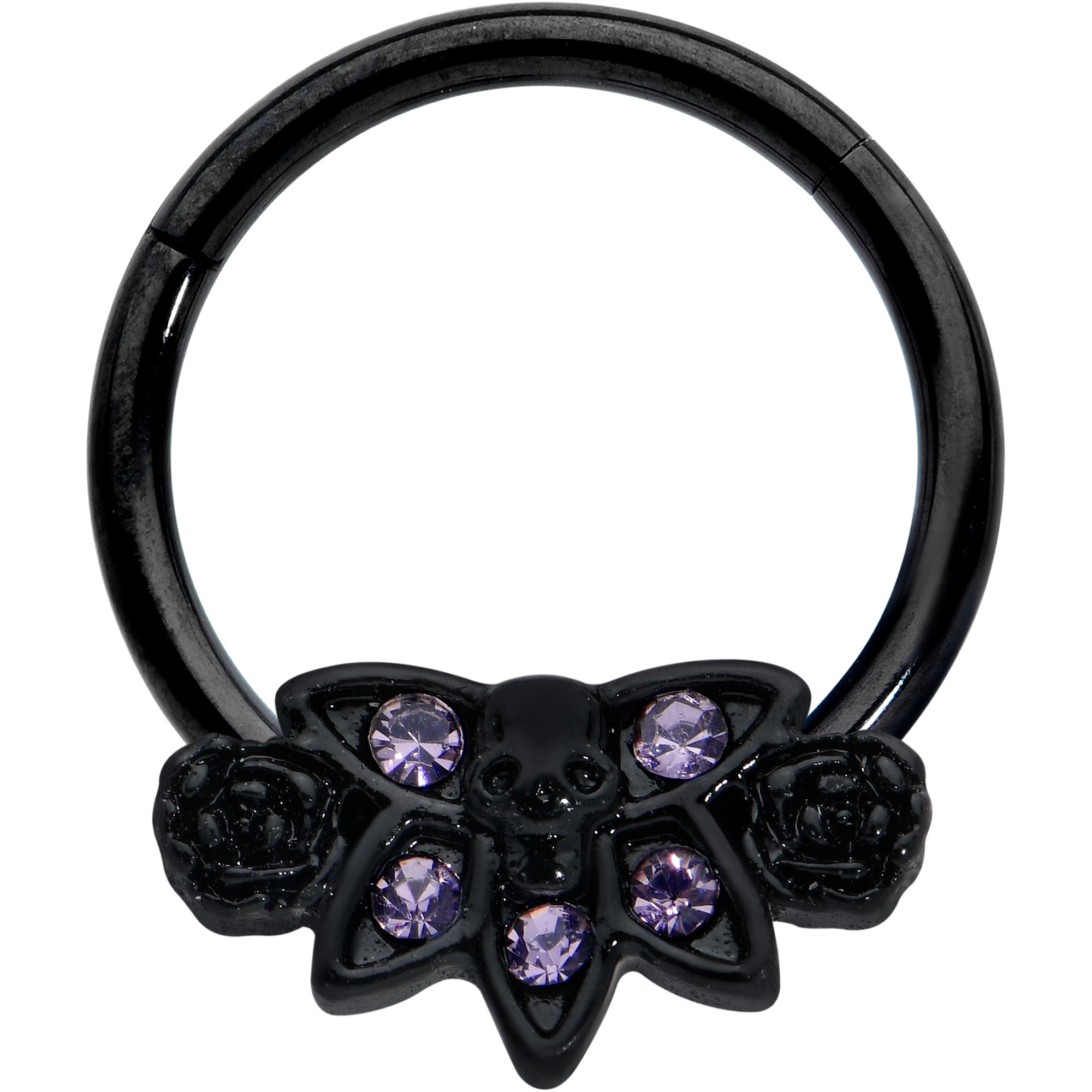 16 Gauge 3/8 Purple Gem Black Skull Blossom Hinged Segment Ring