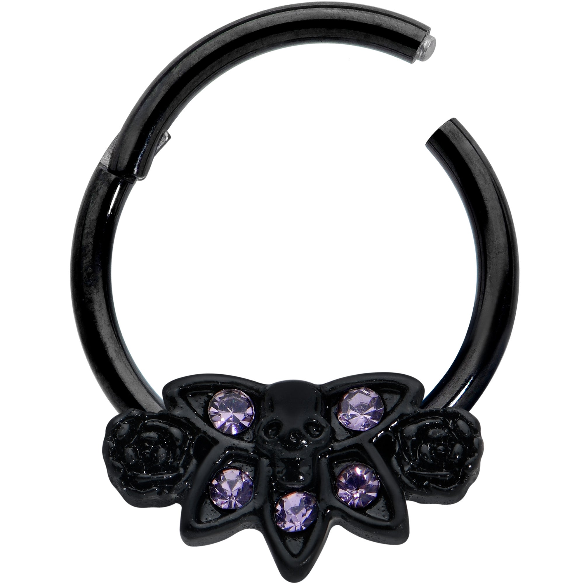 16 Gauge 3/8 Purple Gem Black Skull Blossom Hinged Segment Ring