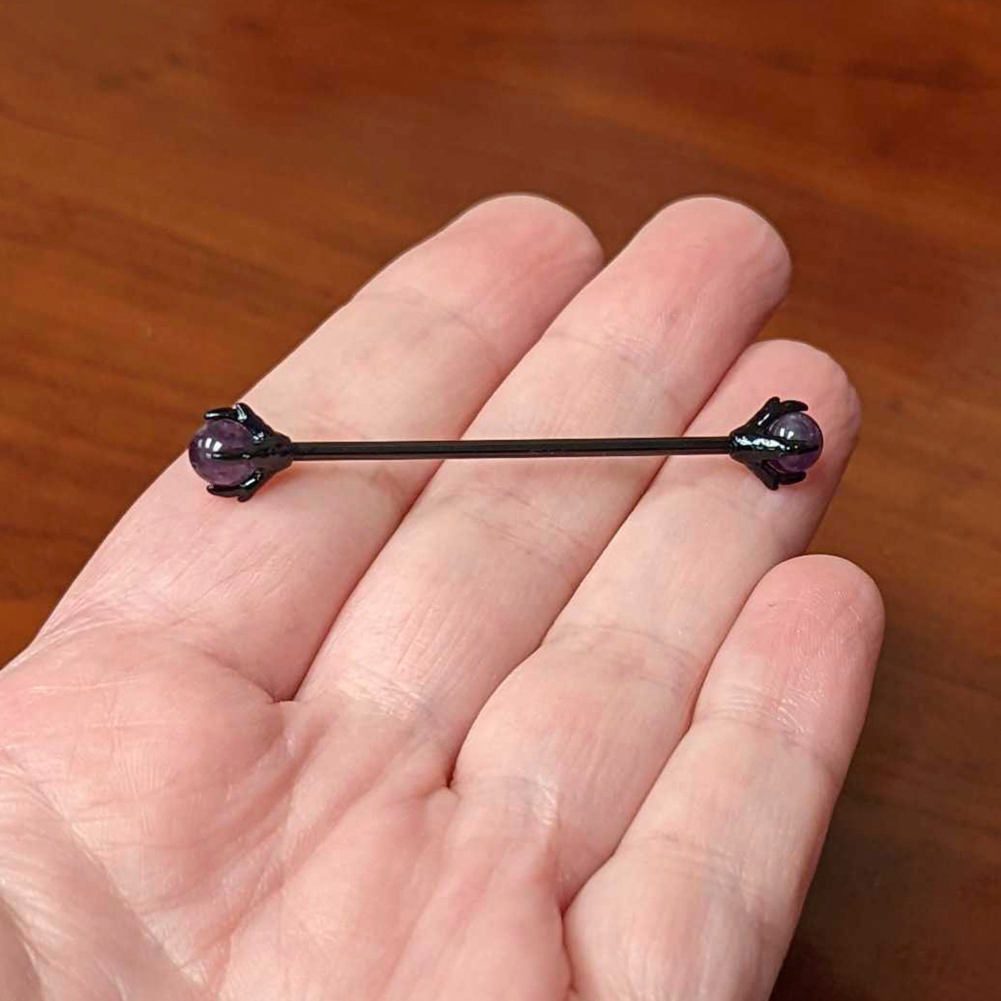 14 Gauge Purple Amethyst Black Skeleton Hand Industrial Barbell 38mm