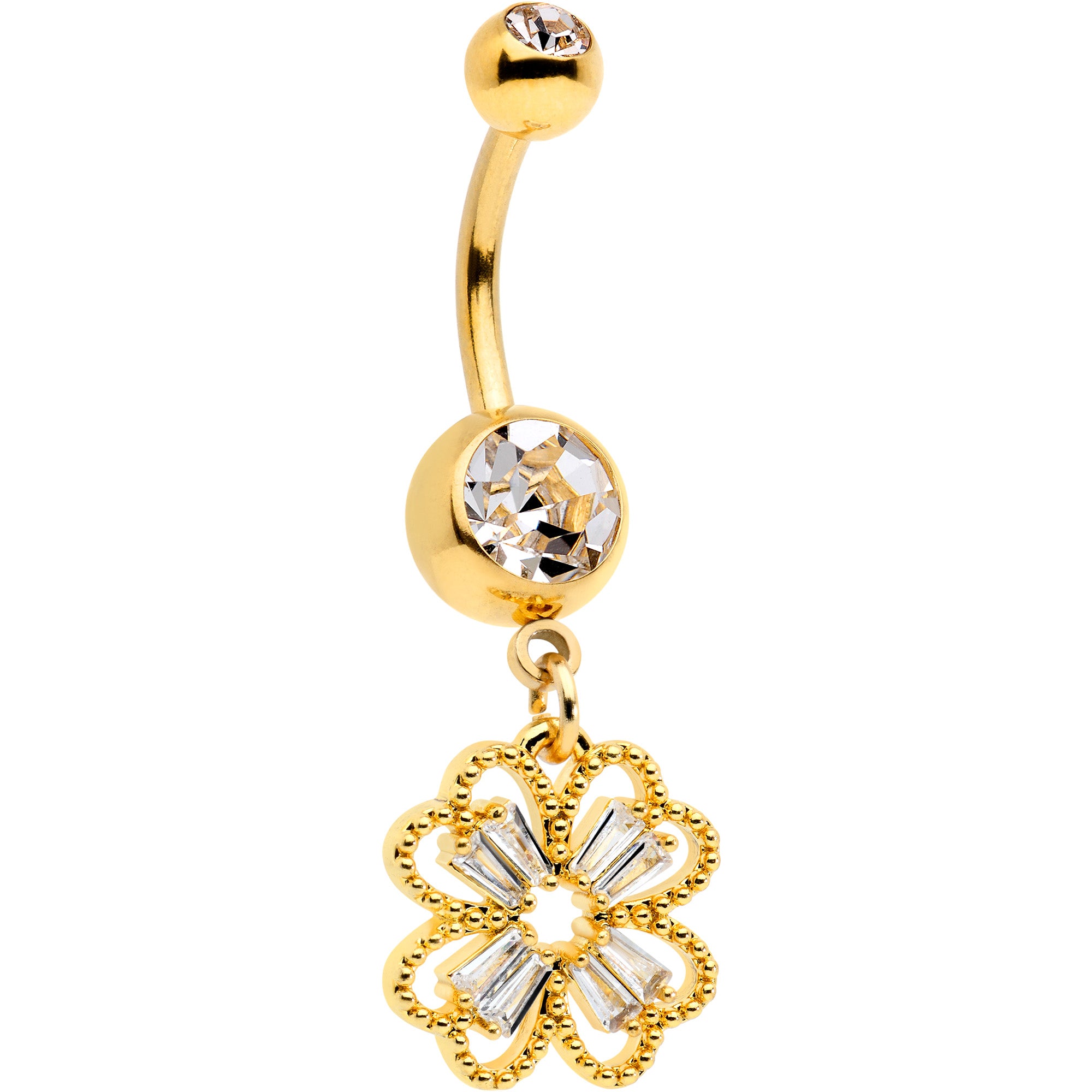 Clear Gem Gold Tone Elegant Textured Shamrock Dangle Belly Ring