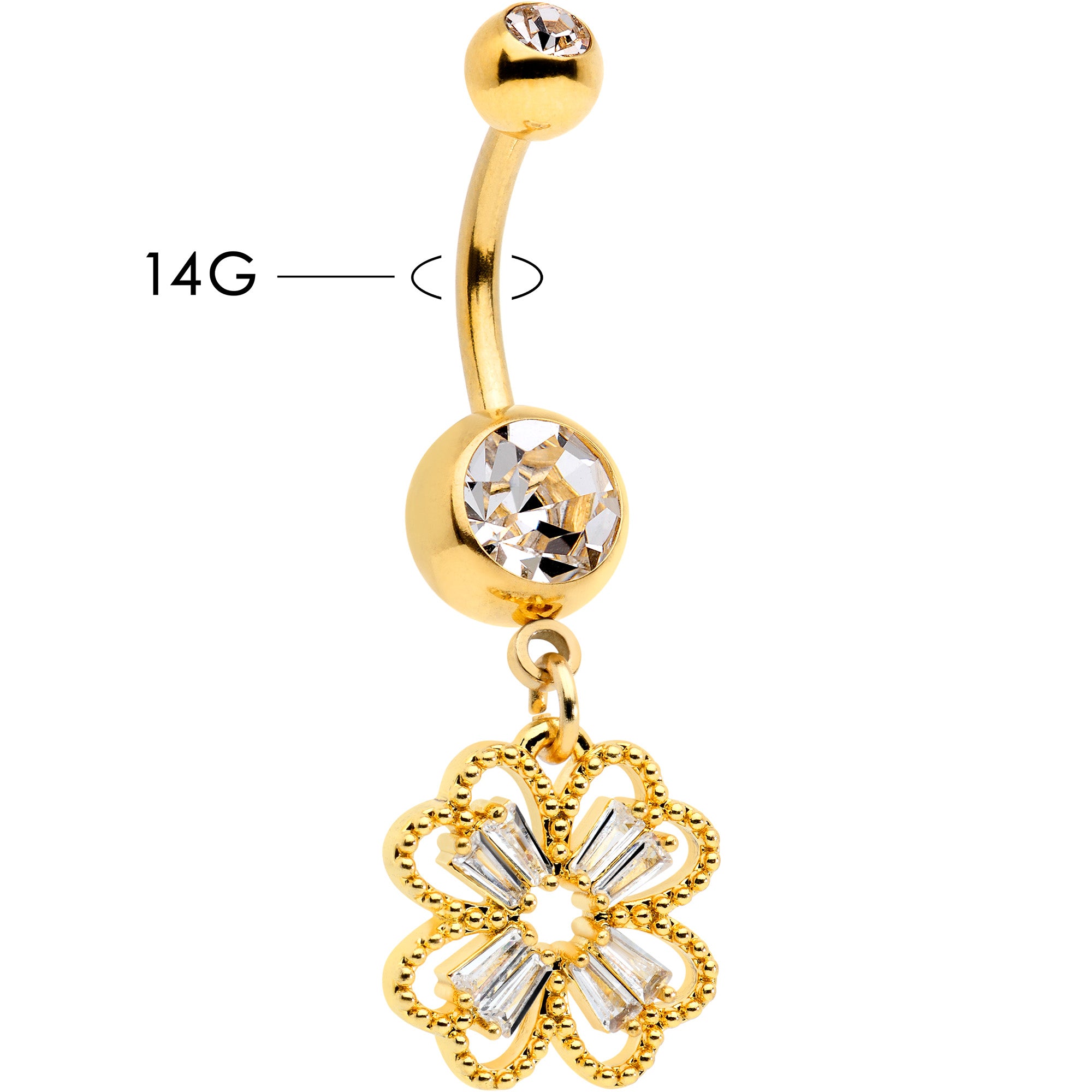 Clear Gem Gold Tone Elegant Textured Shamrock Dangle Belly Ring