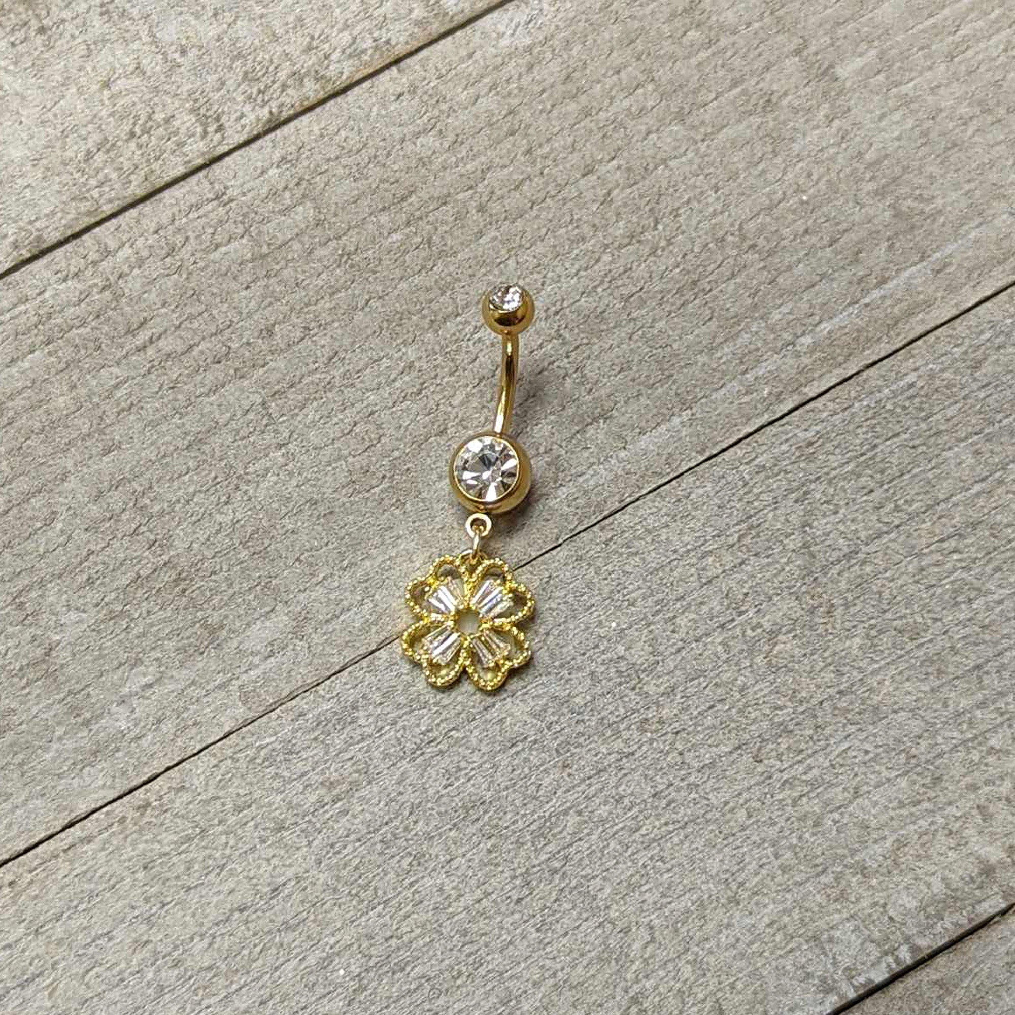 Clear Gem Gold Tone Elegant Textured Shamrock Dangle Belly Ring