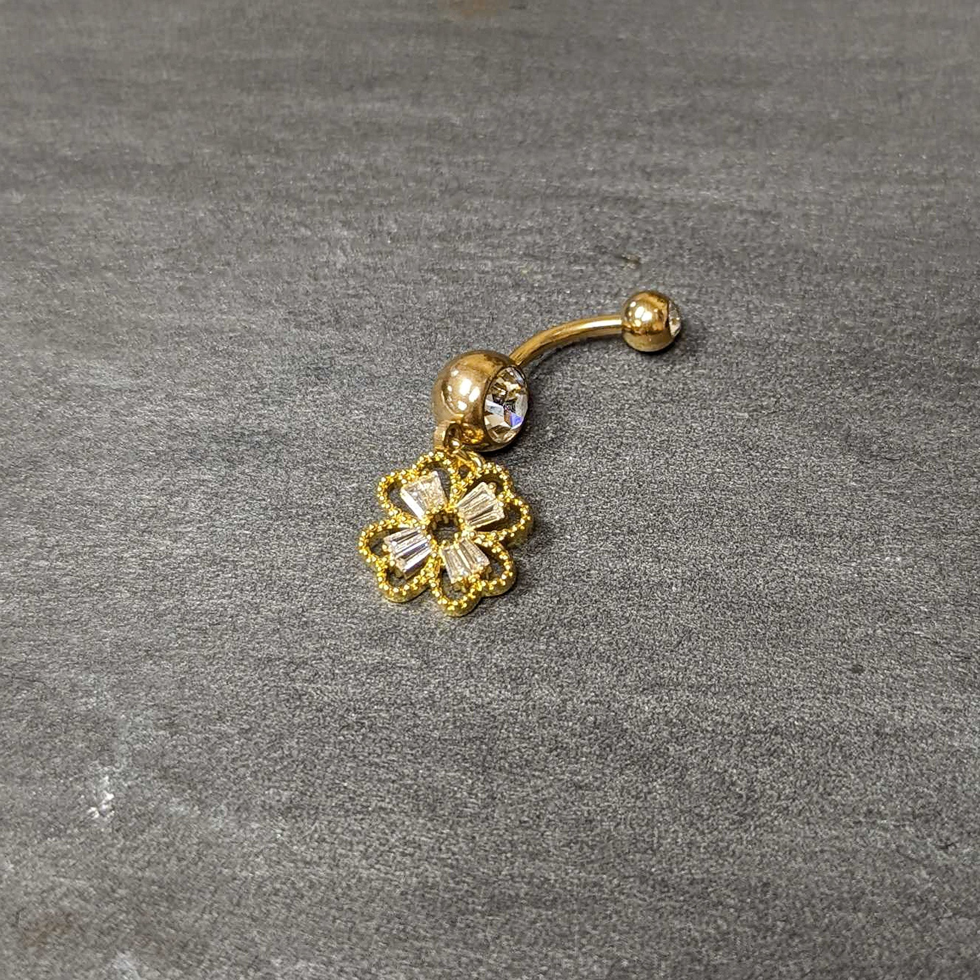 Clear Gem Gold Tone Elegant Textured Shamrock Dangle Belly Ring