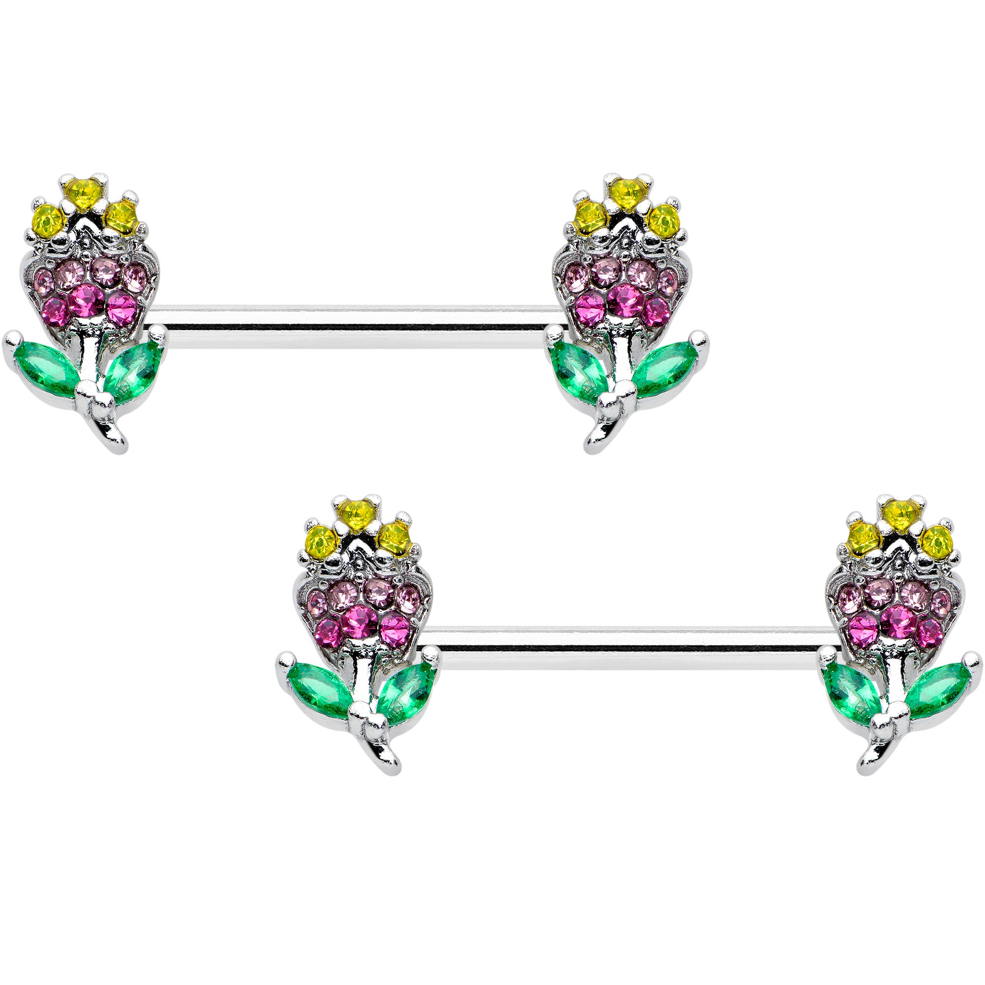 14 Gauge 9/16 Green Pink Gem Mardi Gras Flower Barbell Nipple Ring Set