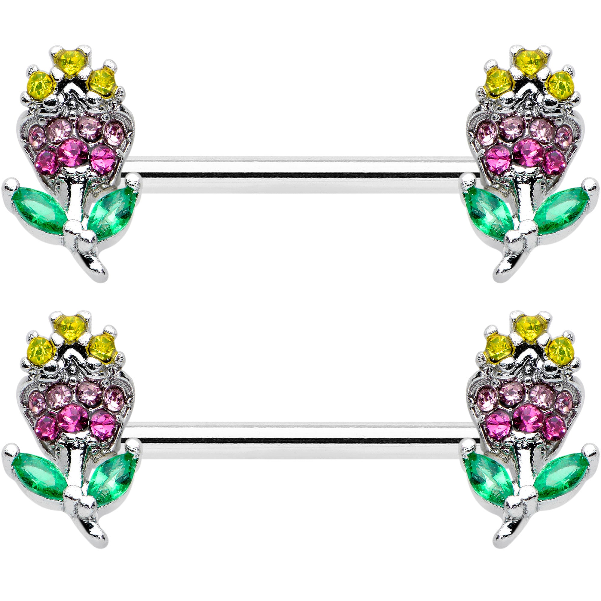 14 Gauge 9/16 Green Pink Gem Mardi Gras Flower Barbell Nipple Ring Set