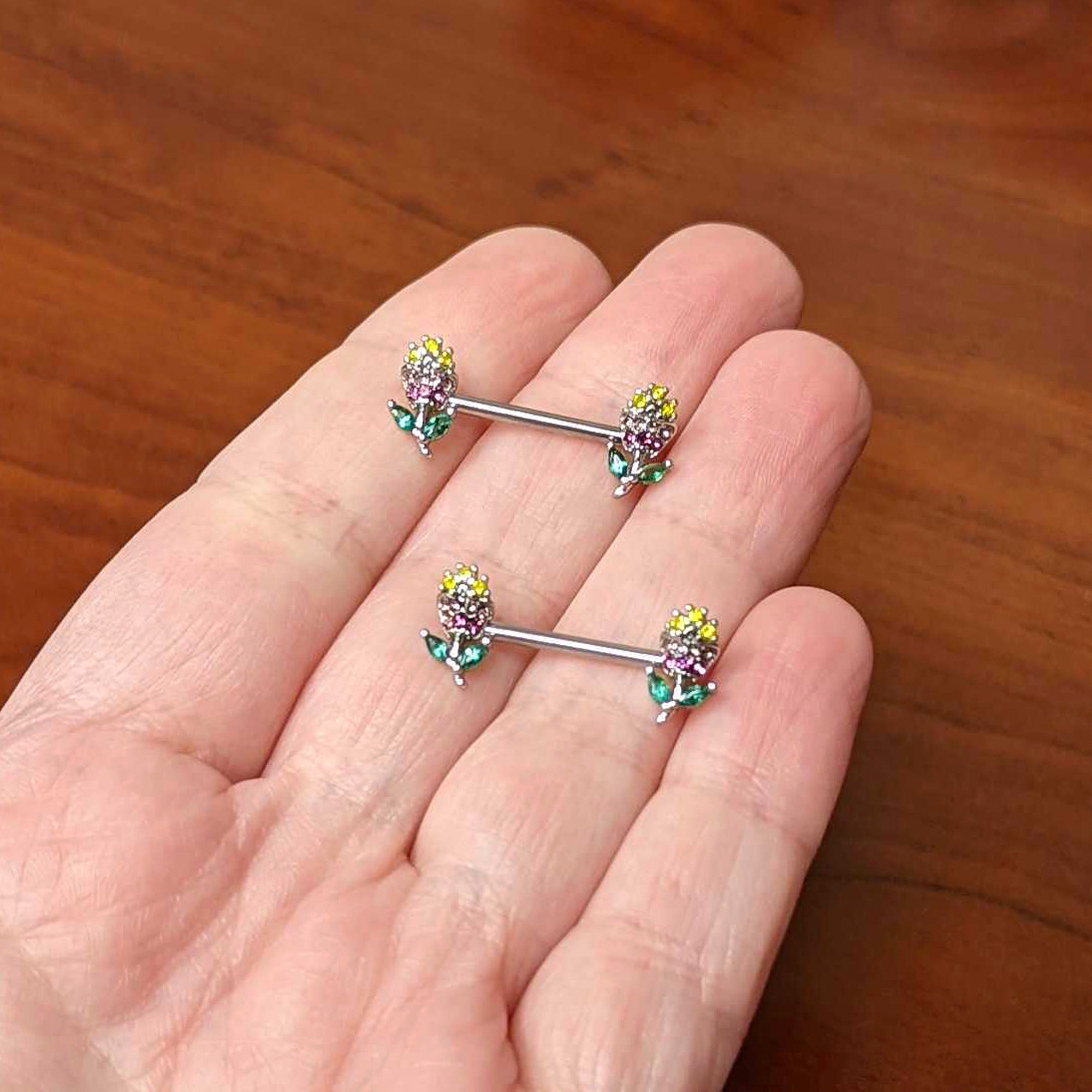 14 Gauge 9/16 Green Pink Gem Mardi Gras Flower Barbell Nipple Ring Set