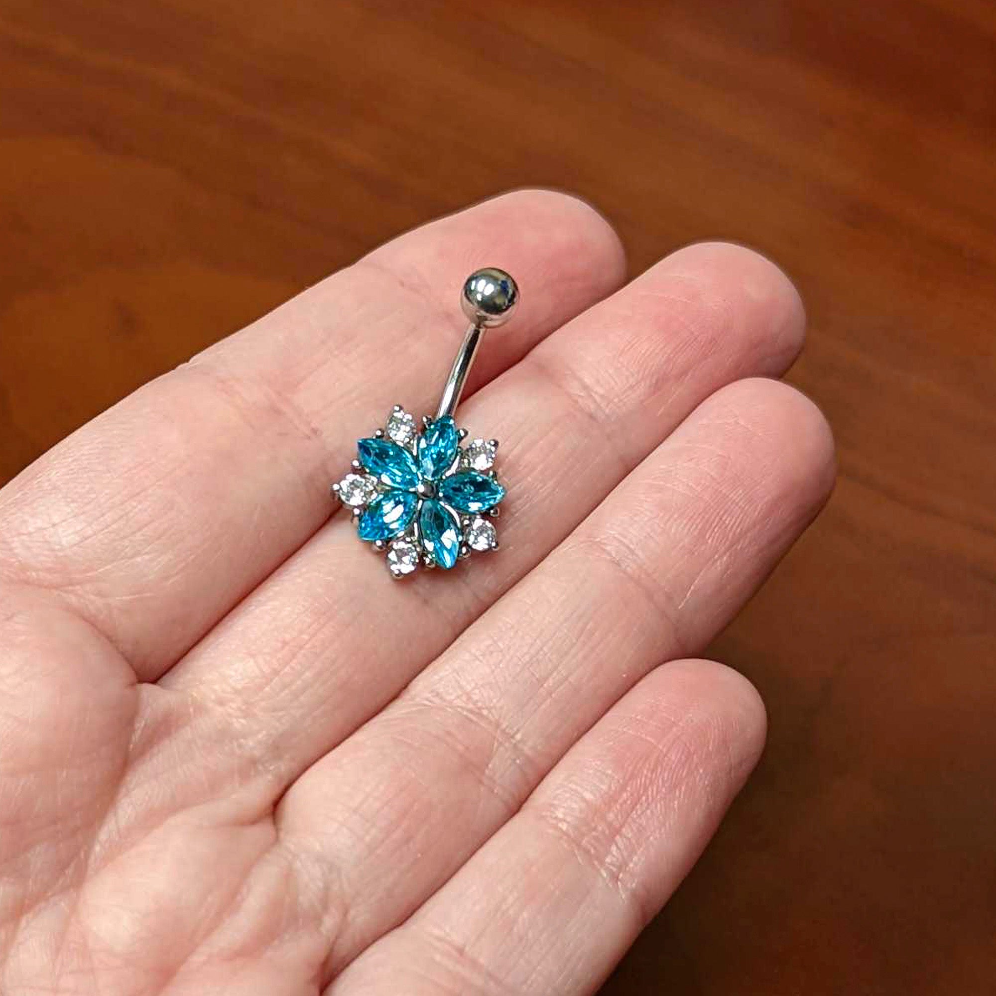 Blue Clear CZ Gem Baroque Floral Burst Belly Ring