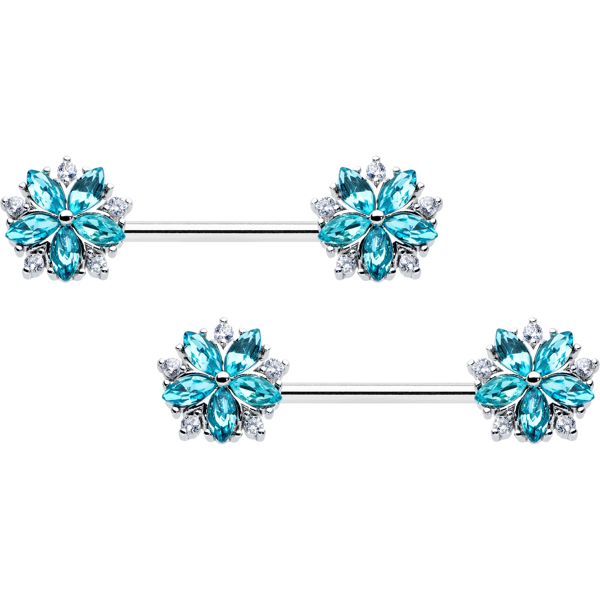 14 Gauge 9/16 Blue CZ Gem Floral Burst Barbell Nipple Ring Set