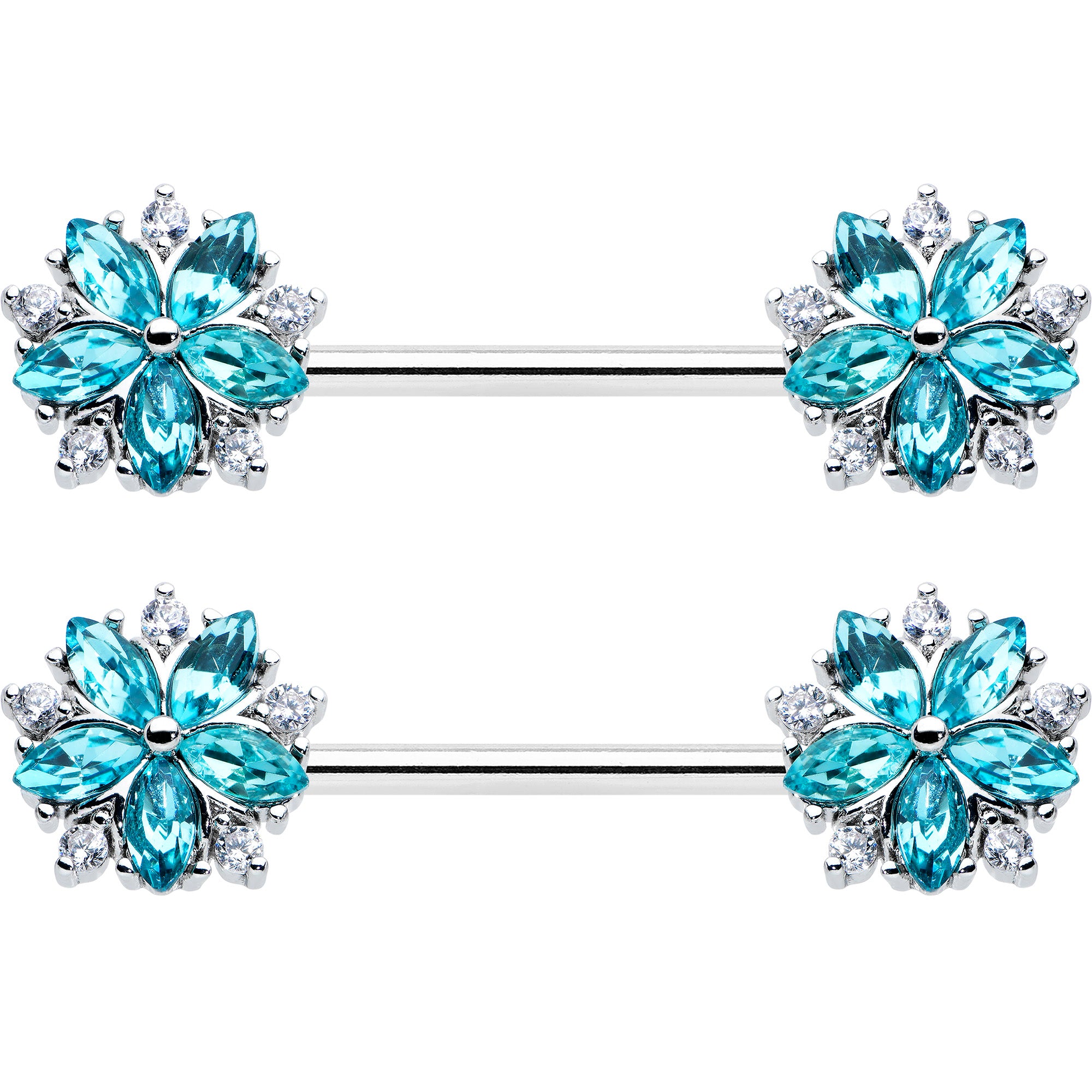 14 Gauge 9/16 Blue CZ Gem Floral Burst Barbell Nipple Ring Set