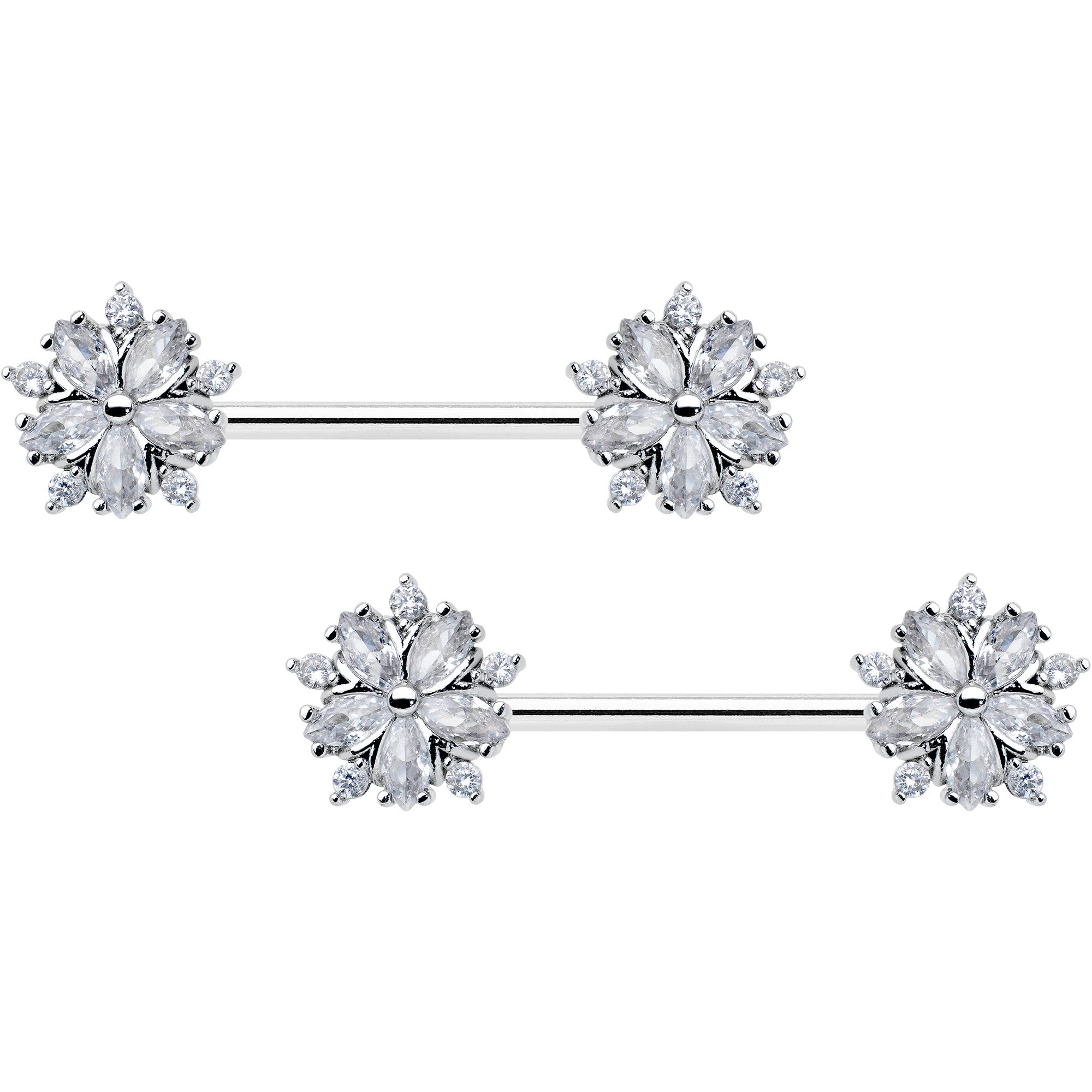 14 Gauge 9/16 Clear CZ Gem Floral Burst Barbell Nipple Ring Set