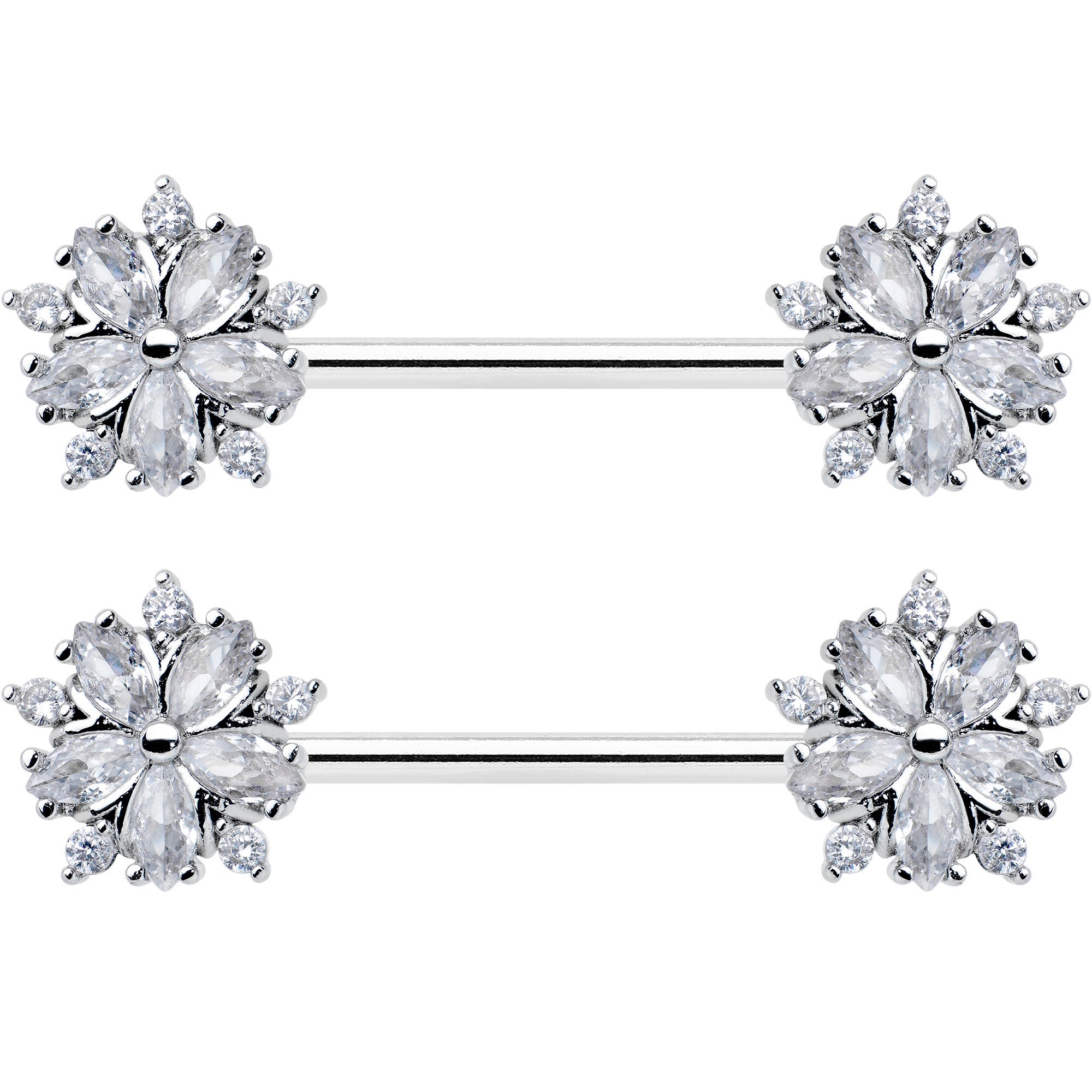 14 Gauge 9/16 Clear CZ Gem Floral Burst Barbell Nipple Ring Set