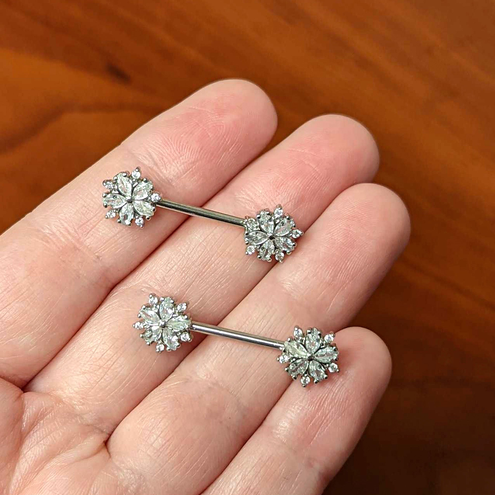 14 Gauge 9/16 Clear CZ Gem Floral Burst Barbell Nipple Ring Set