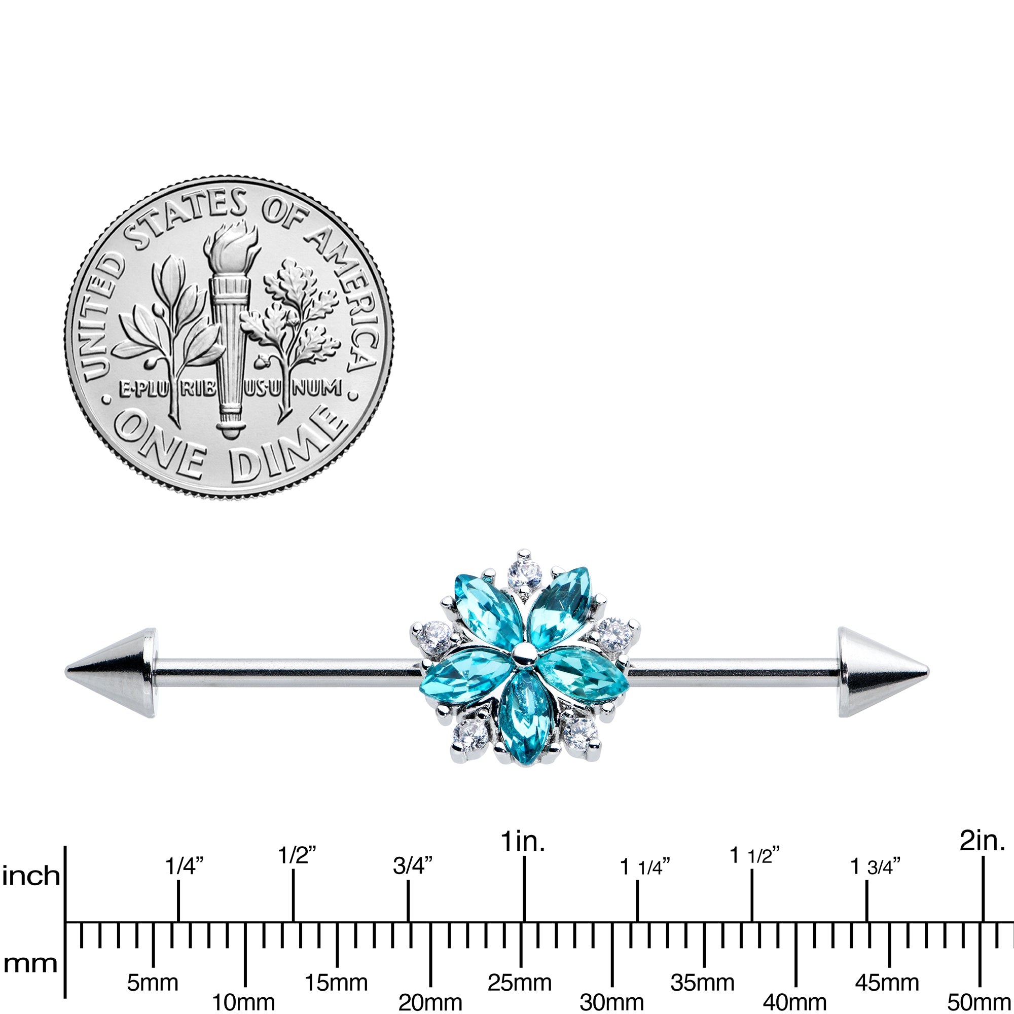 14 Gauge Blue CZ Gem Floral Baroque Burst Cone Industrial Barbell 38mm