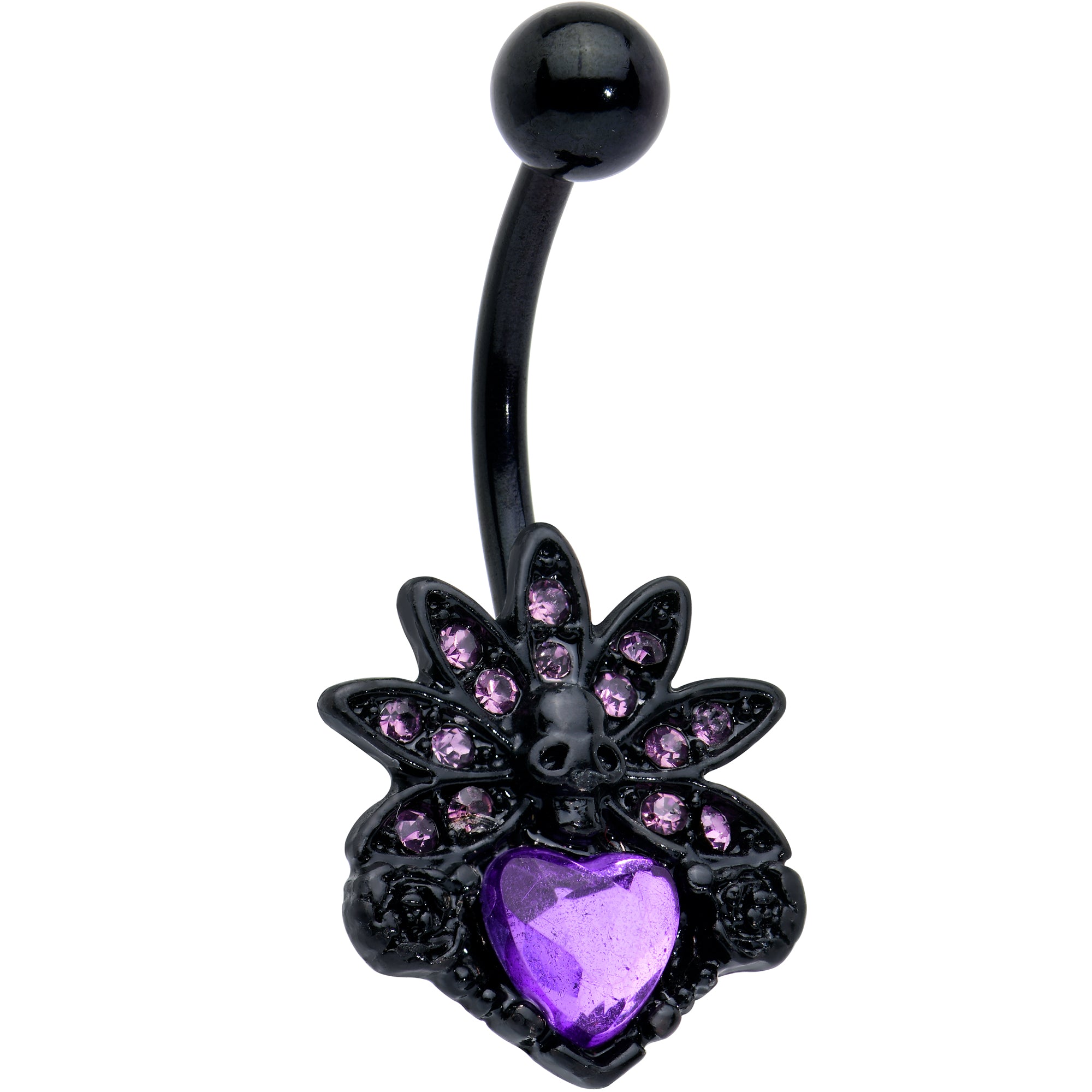 Purple Gem Black Skull Blossom Heart Belly Ring