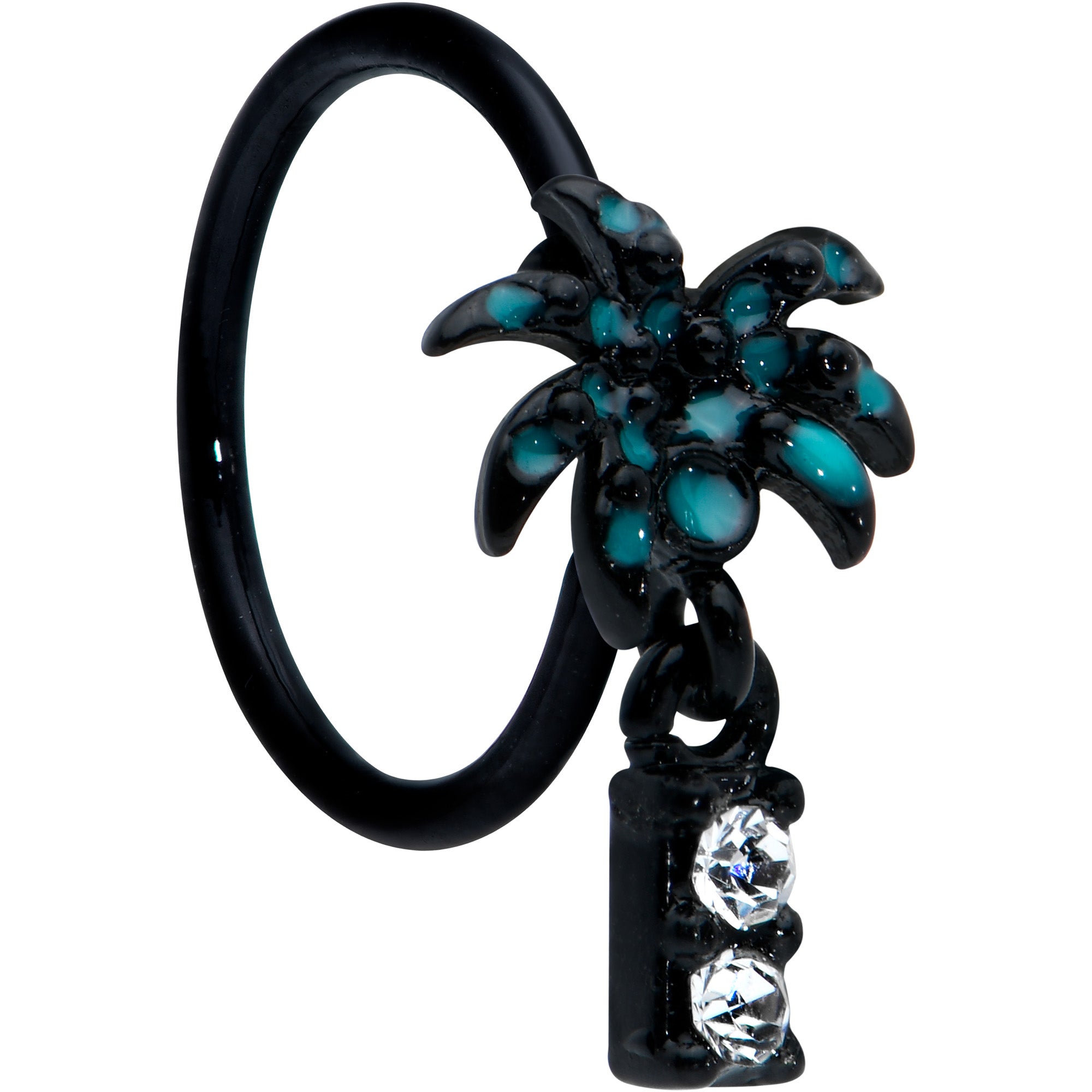 20 Gauge 5/16 Black Night Palm Tree Dangle Helix Circular Ring