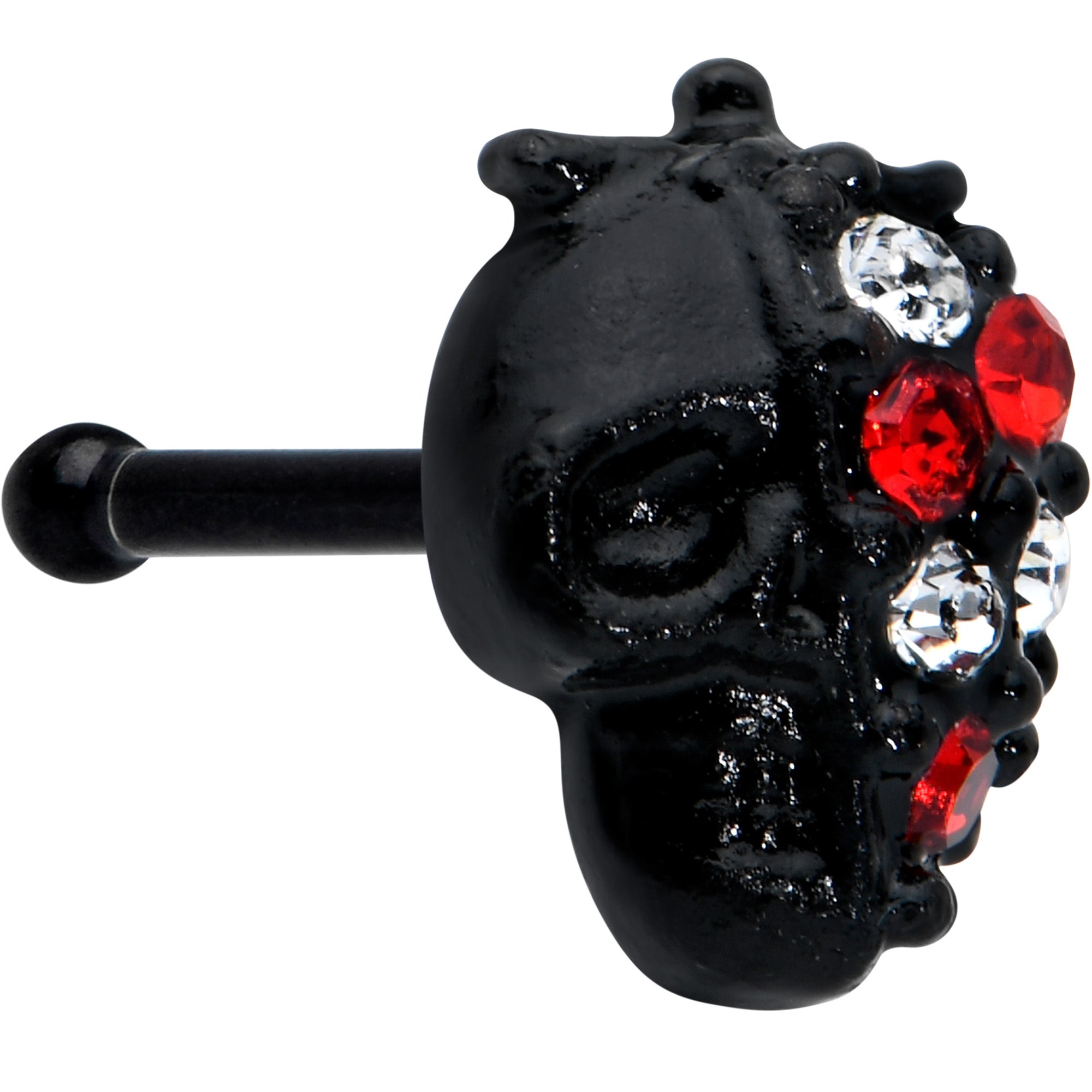 20 Gauge 1/4 Clear Red Gem Black Skull Halloween Nose Bone