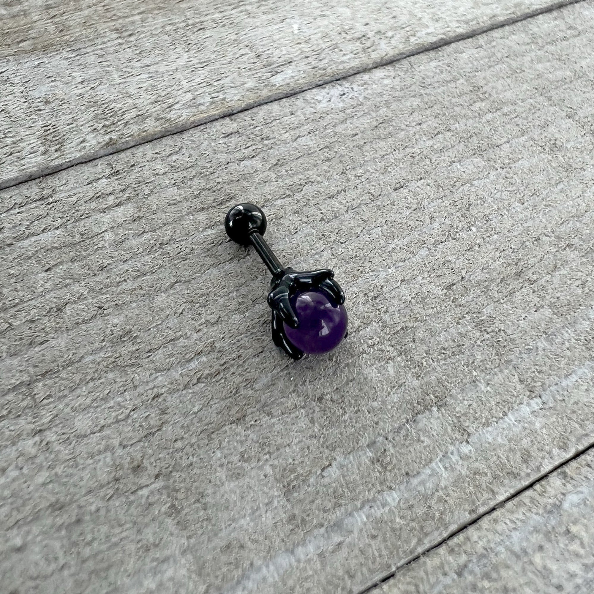 16 Gauge 1/4 Purple Amethyst Black Claw Hand Cartilage Tragus Earring