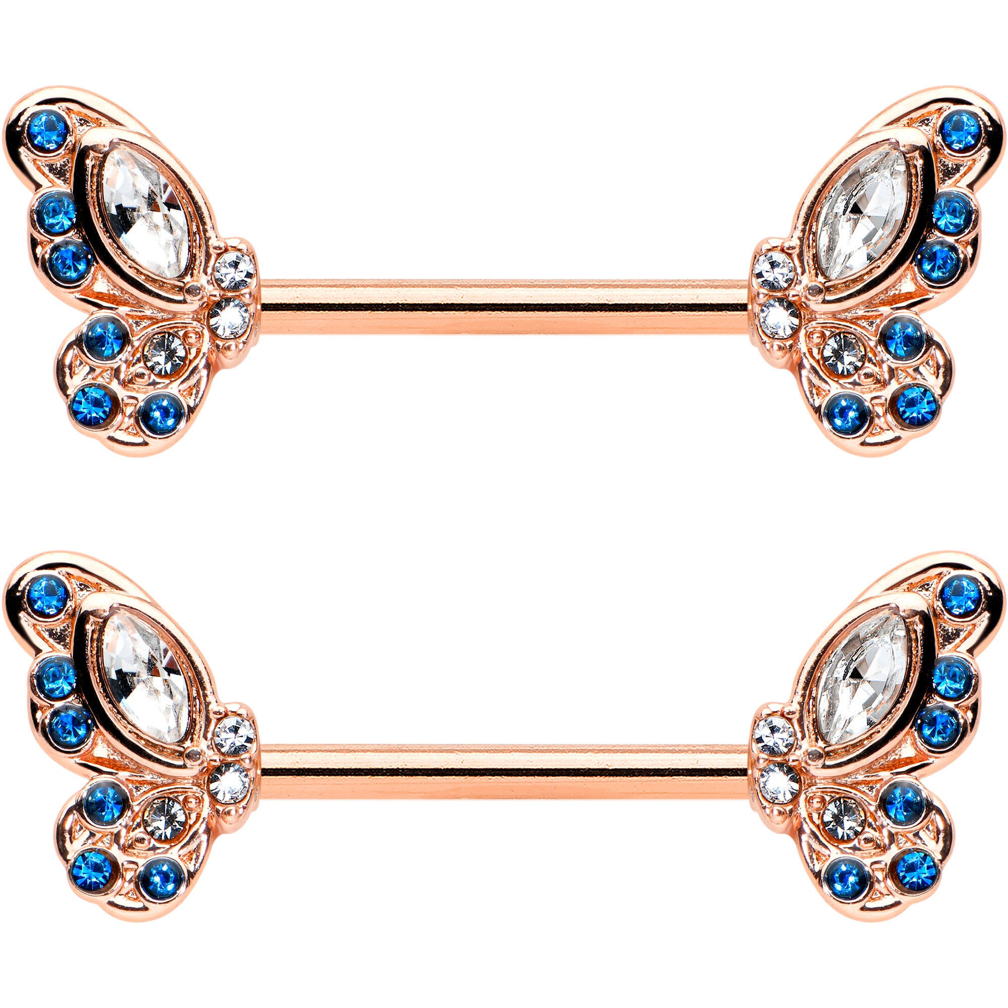 14 Gauge 9/16 Clear Blue Gem Rosy Tone Butterfly Wing Nipple Ring Set