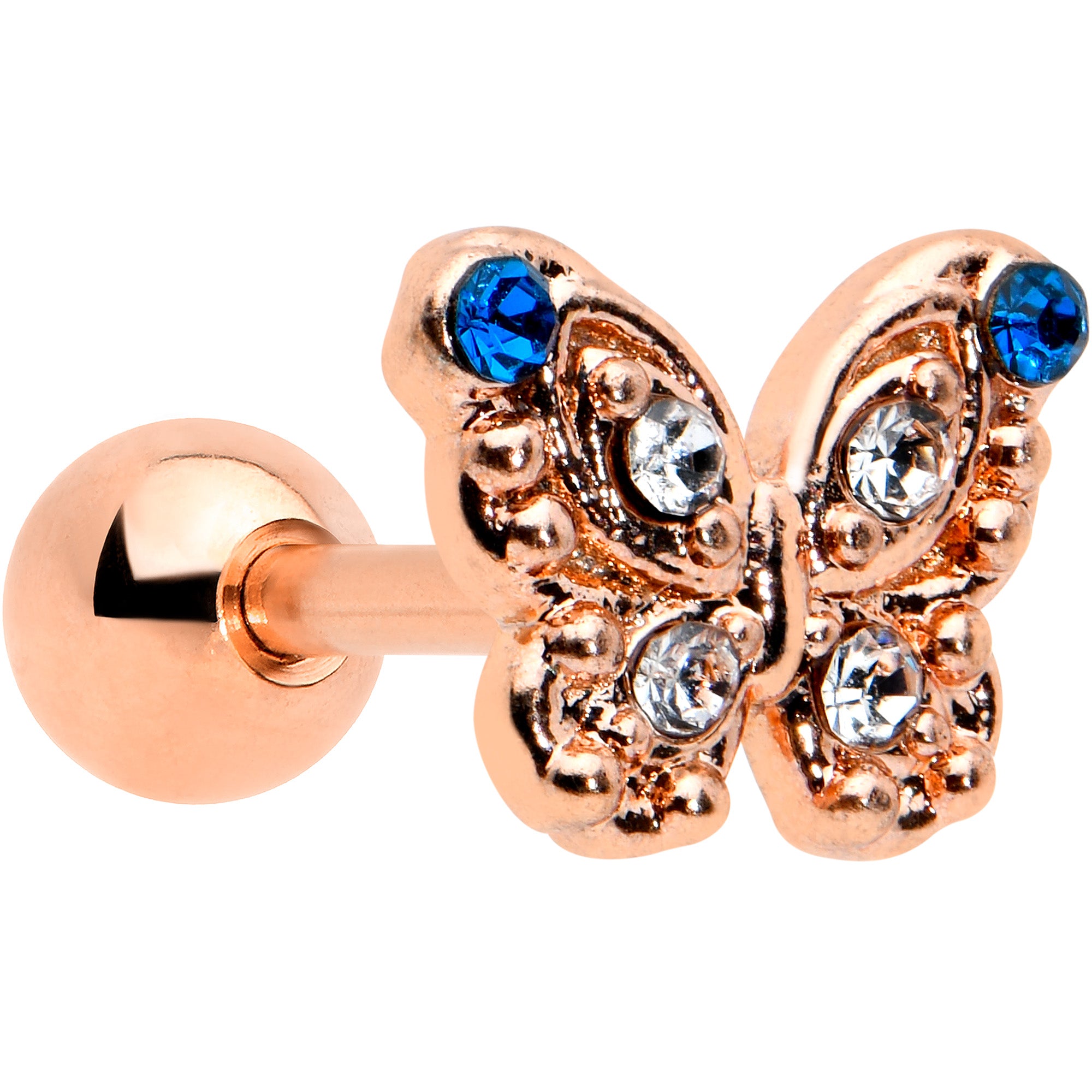 16 Gauge 1/4 Blue Gem Rose Gold Tone Butterfly Cartilage Tragus