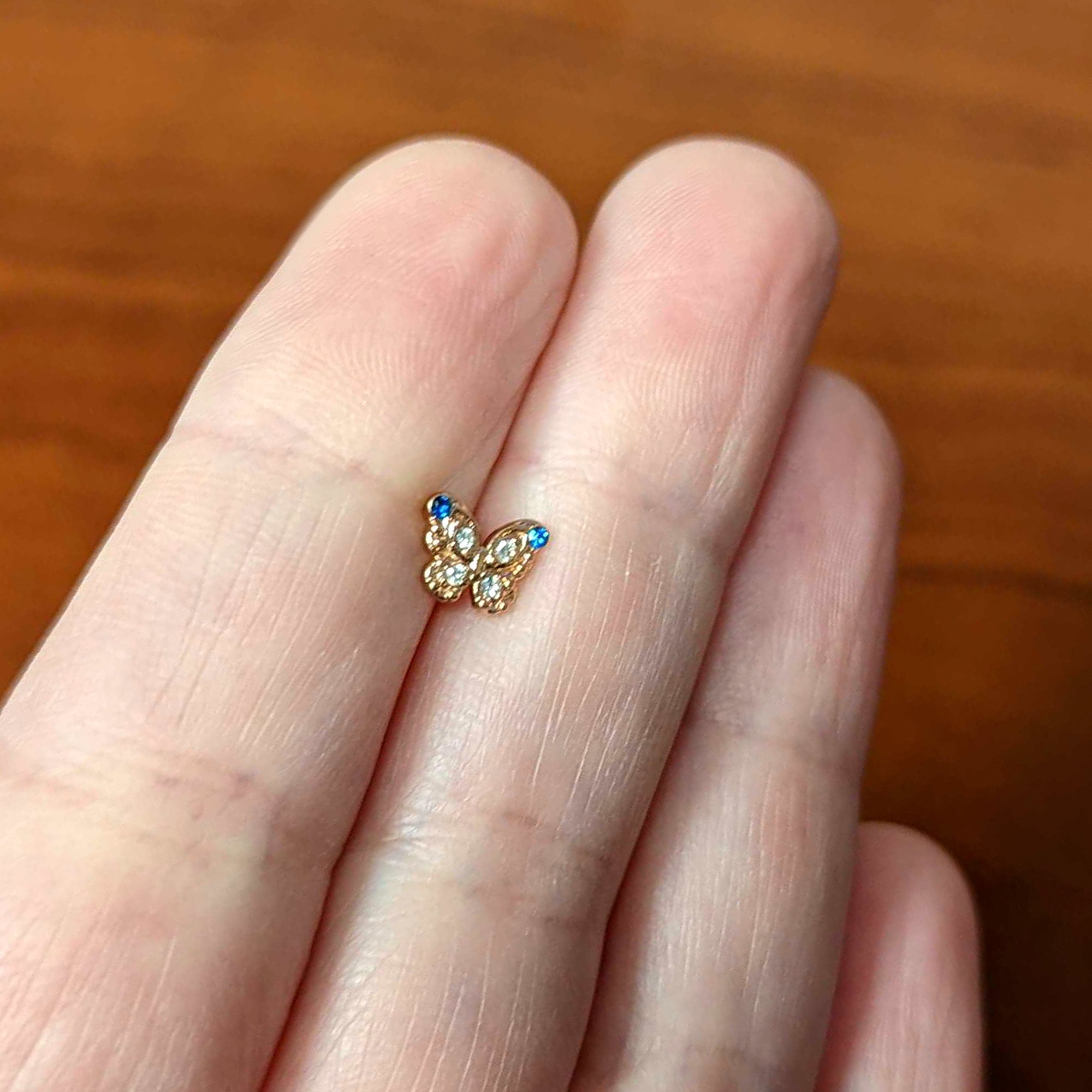 16 Gauge 1/4 Blue Gem Rose Gold Tone Butterfly Cartilage Tragus