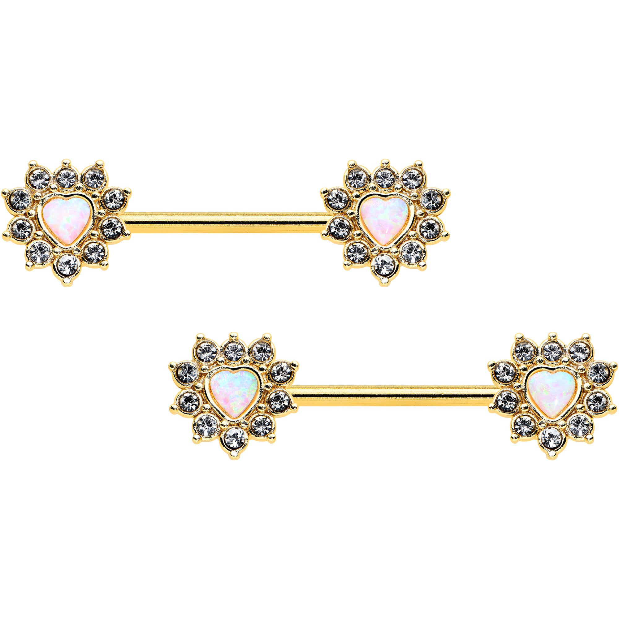 14 Gauge 9/16 White Synthetic Opal Gold Tone Sun Heart Nipple Ring Set