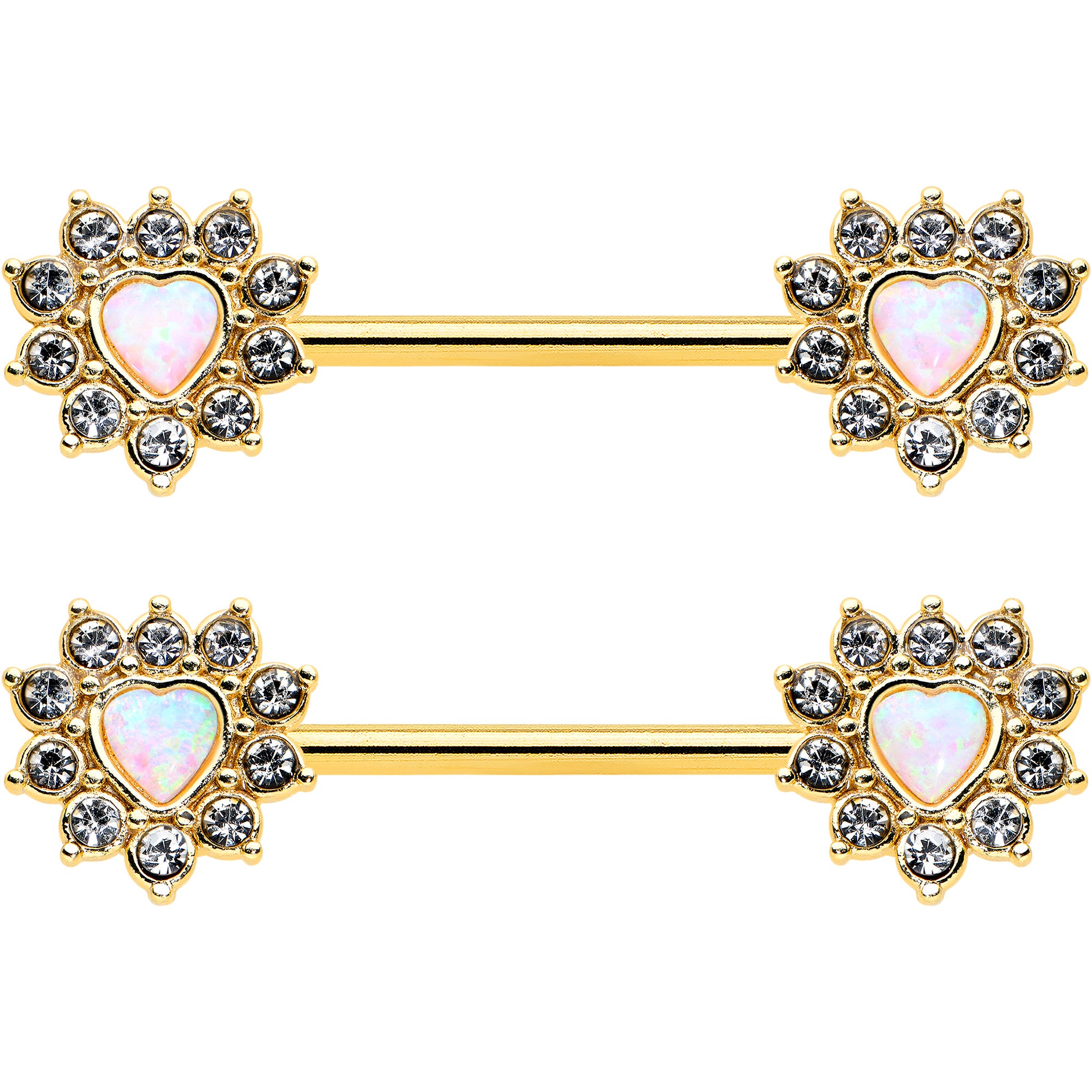 14 Gauge 9/16 White Synthetic Opal Gold Tone Sun Heart Nipple Ring Set