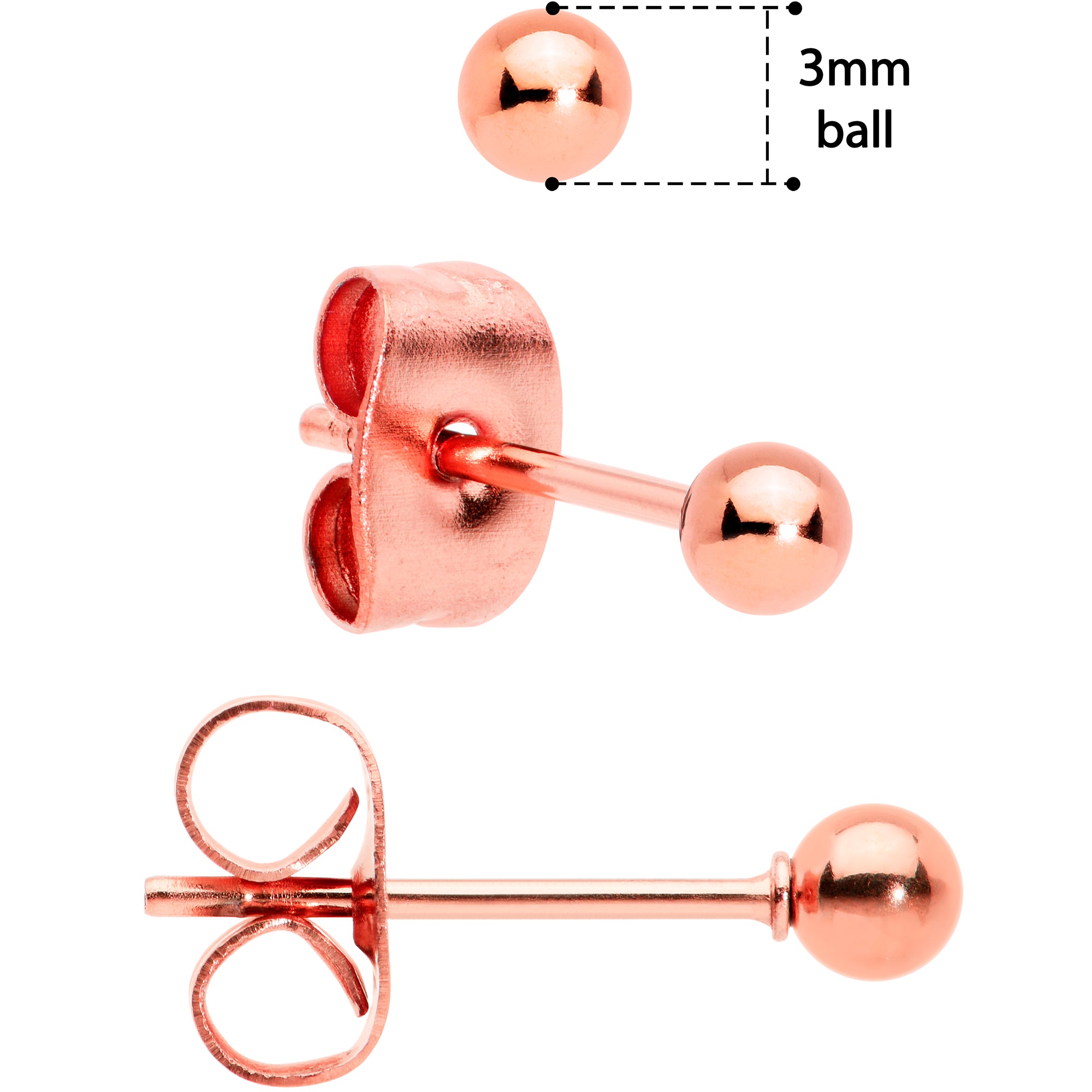 3mm 4mm 5mm Ball Rose Gold Tone Stainless Steel Stud Earrings 3 Pack